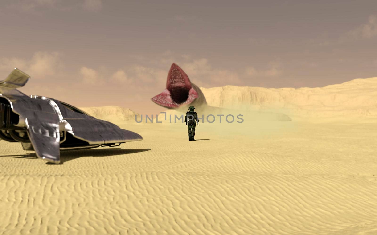 Space traveler exploring a new planet and facing an alien animal - 3d rendering