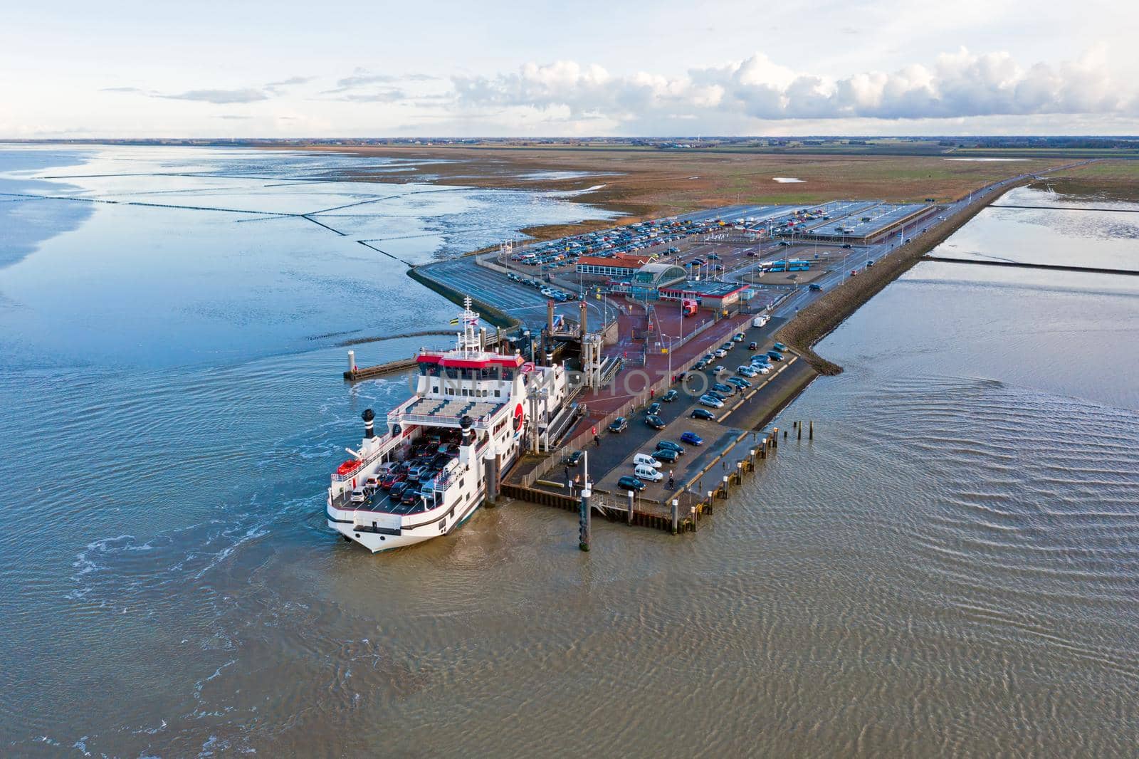 Aerial from the ferry from Ameland arriving at Holwerd in the Netherlands