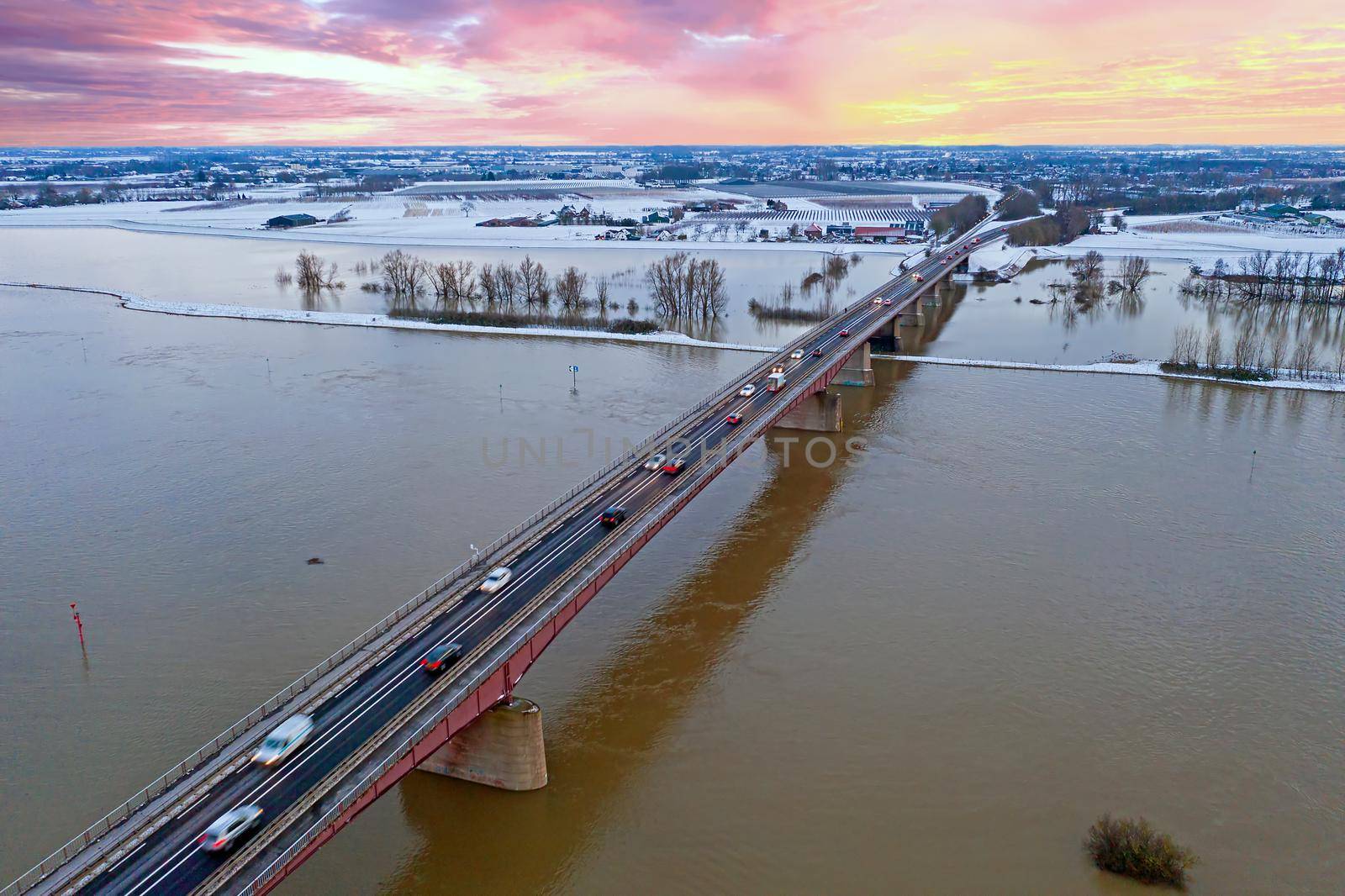 Aerial from a dutch landscape near Rhenen in winter in the Netherlands