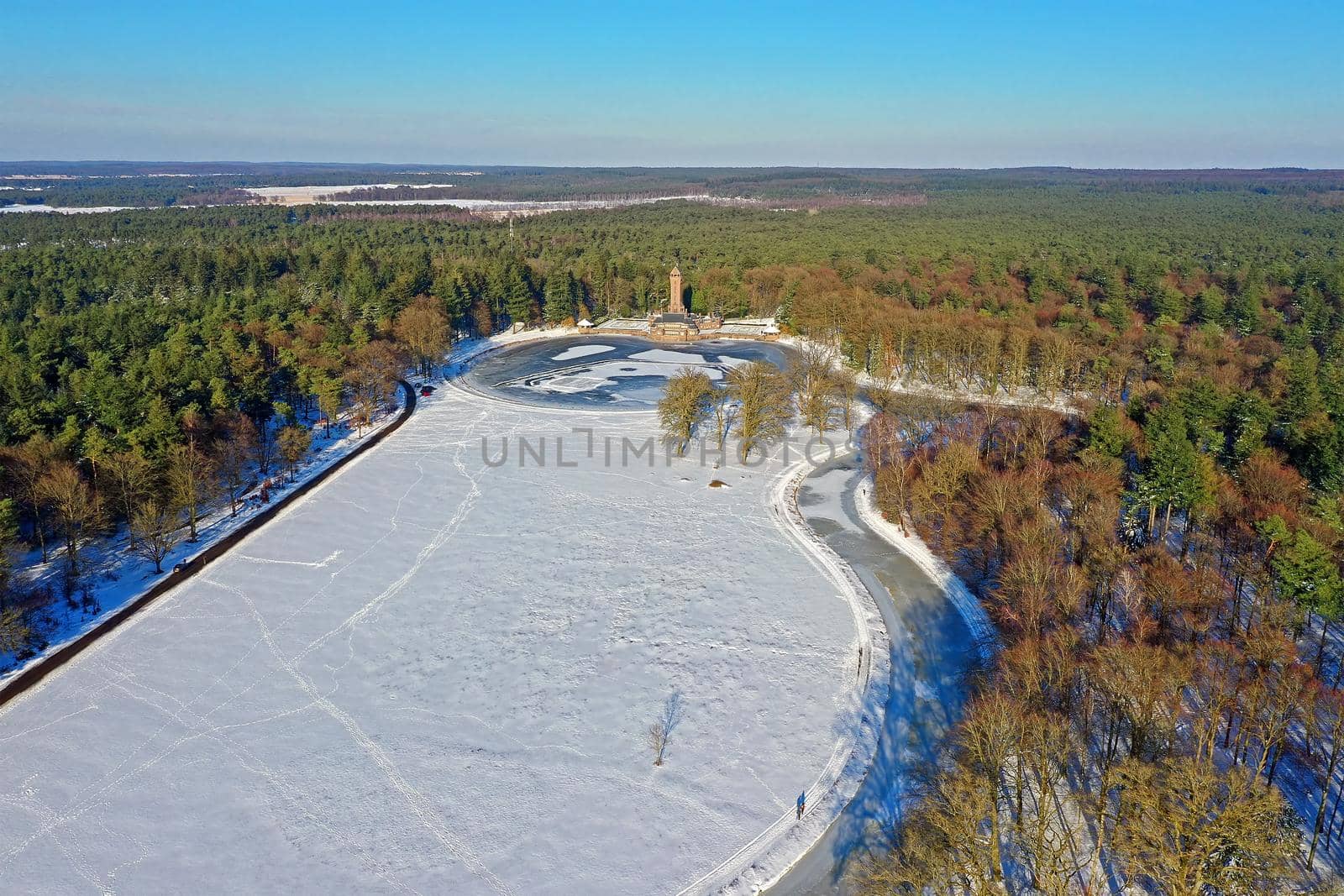 Aerial from hunting lodge Hubertus in winter in the Netherlands