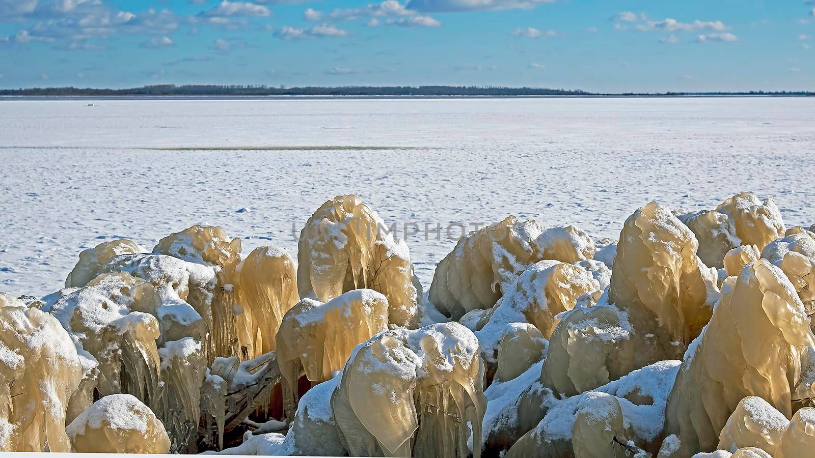 Ice sculptures at the Lauwersmeer in Friesland the Netherlands in winter