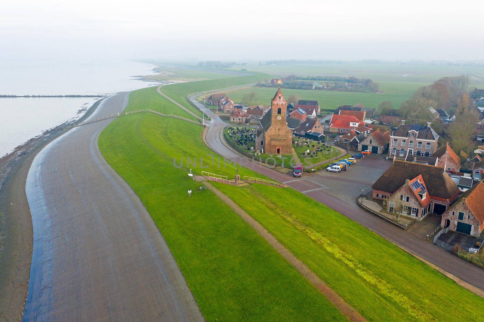 Aerial from the village Wierum in the Netherlands near the Waddenzee