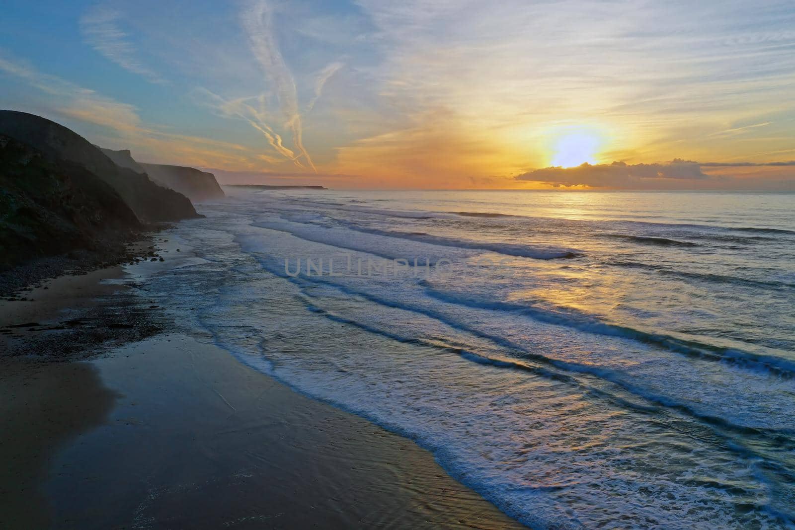 Aerial from Praia Vale Figueiras in Portugal at sunset by devy