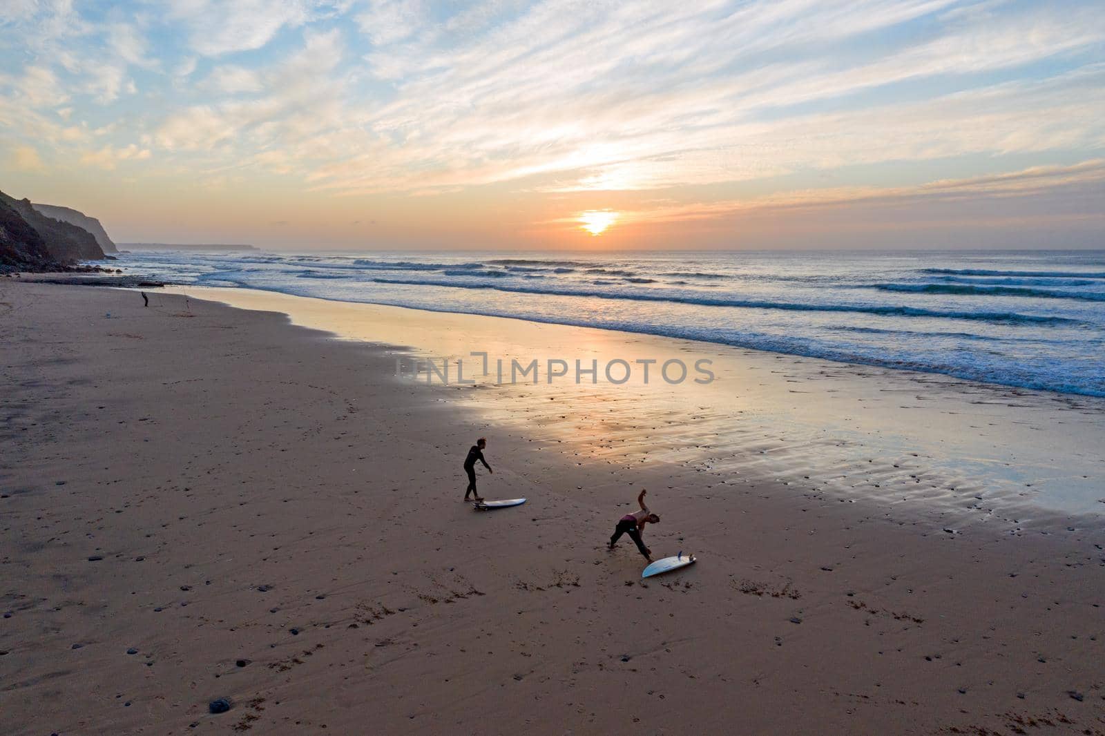 Aerial from Praia Vale Figueiras in Portugal at sunset