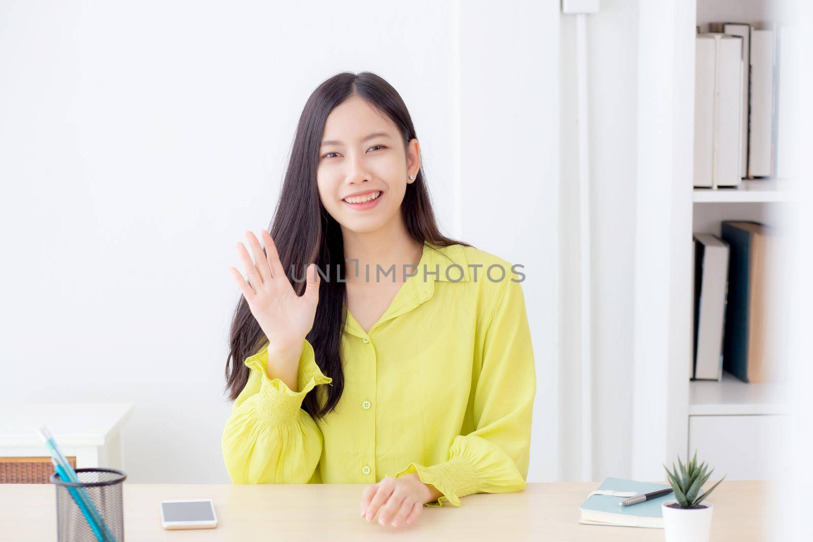 Young asian business woman video call with camera for conference online for interview at home, businesswoman meeting and talking for distance, social distancing, new normal, communication concept.