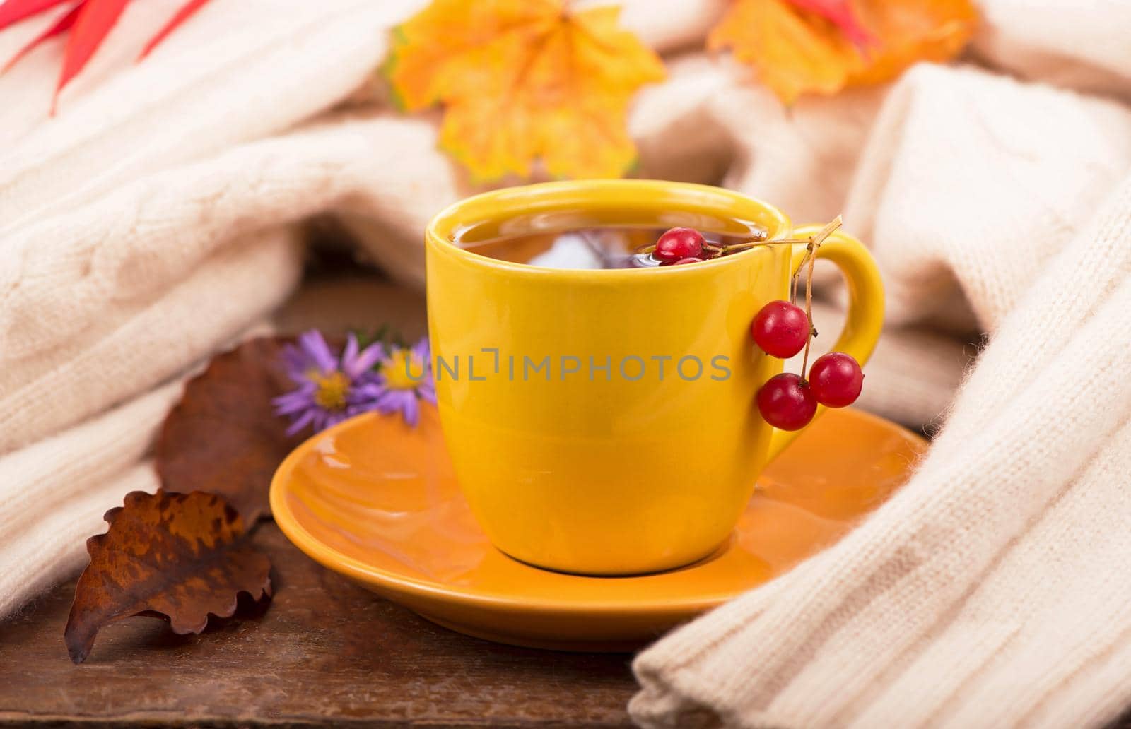 cup of hot tea and autumn leaves, on brown background