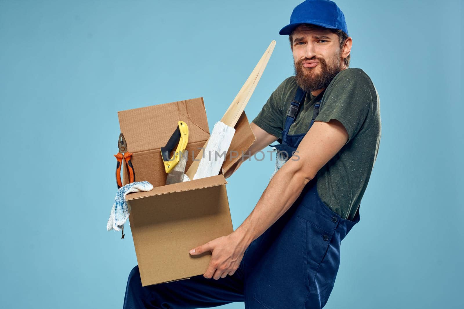 man in working form box with tools loader rendering service. High quality photo