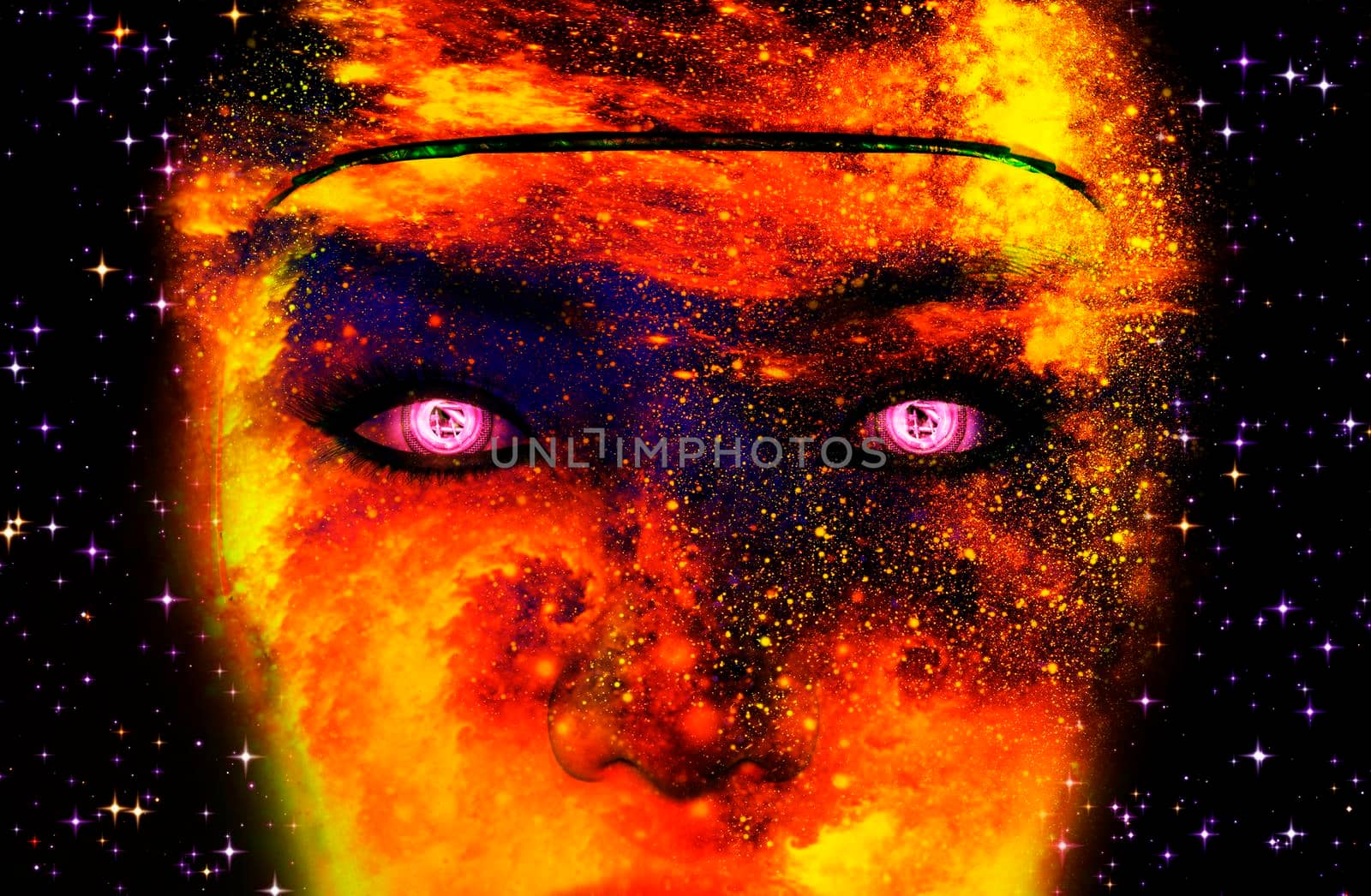 3D rendering of a female robot face blended with space background by ankarb