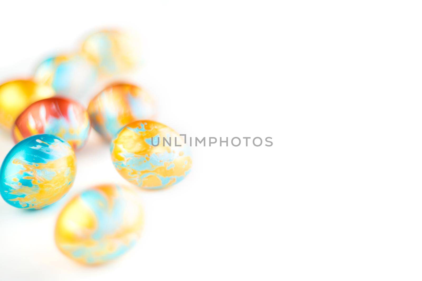 Perfect colorful handmade easter eggs isolated on white background , shape of border frame corner with copy space for text content , happy easter card