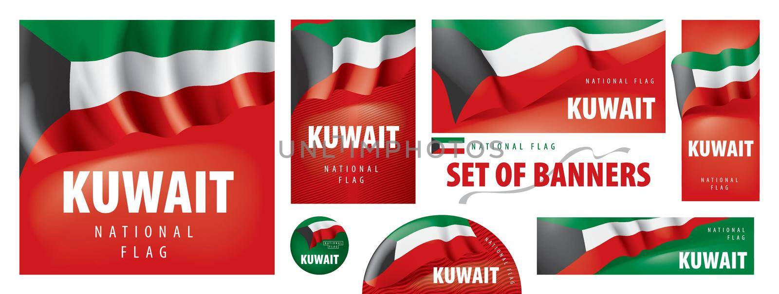 Vector set of banners with the national flag of the Kuwait.