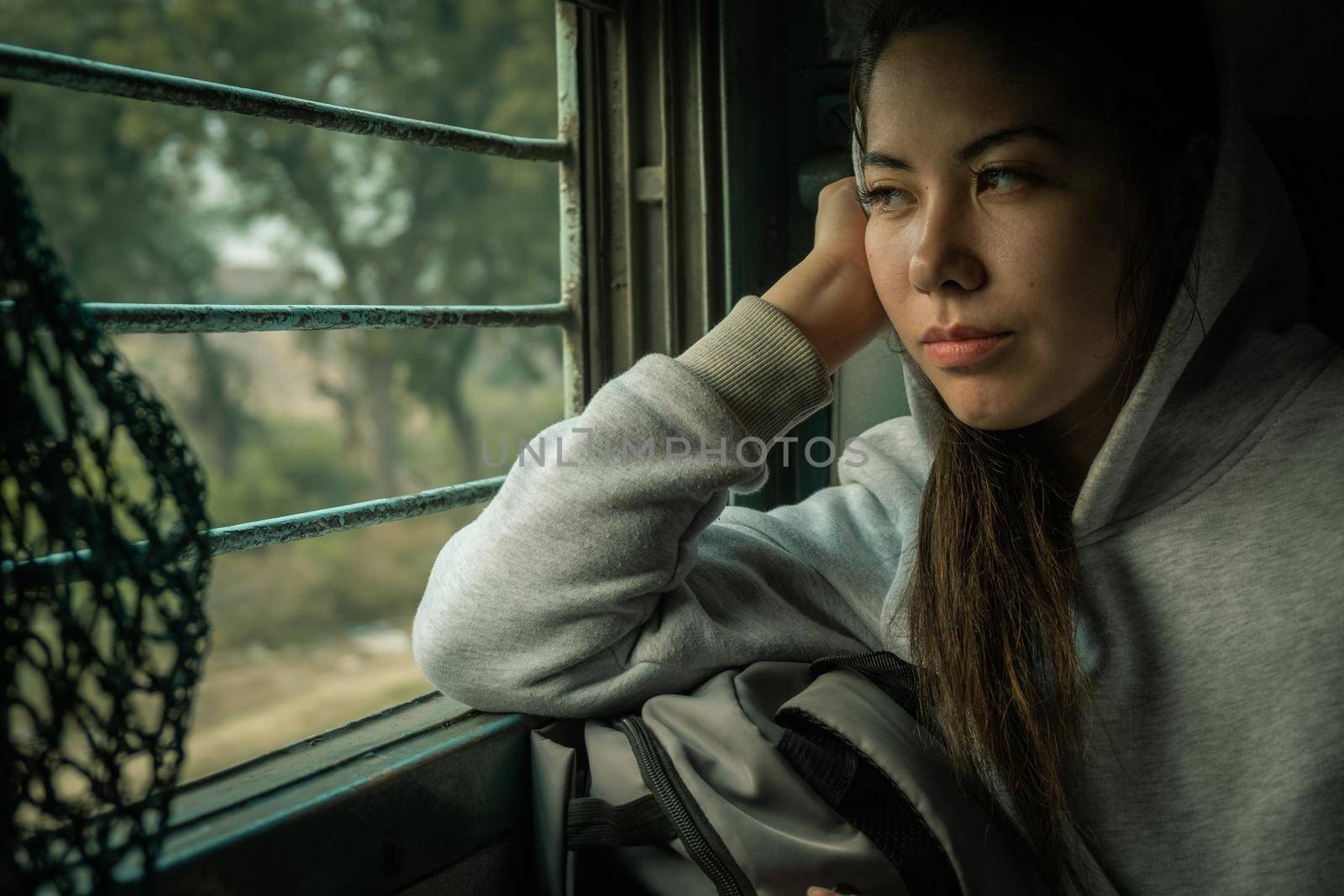 Young Attractive female passenger travel by passenger Train in India