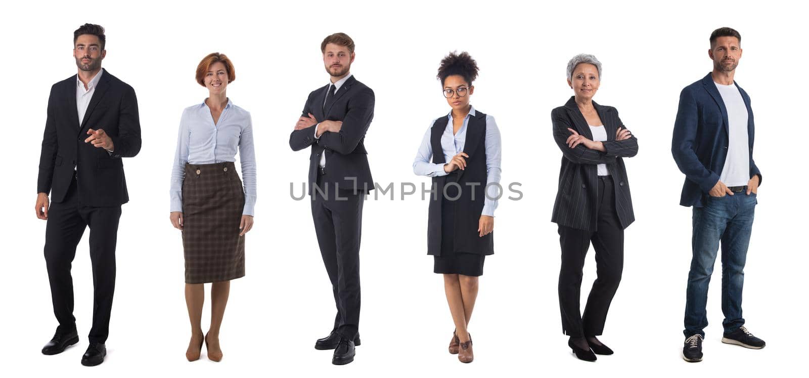 Successful business team. Full length portrait of group of confident business people showing thumbs up and smiling. Design element, studio isolated on white background