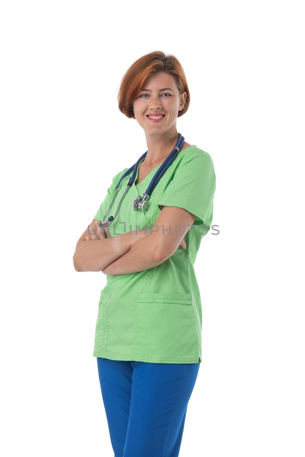 Female nurse in blue and green uniform with stethoscope and document folder isolated on white background
