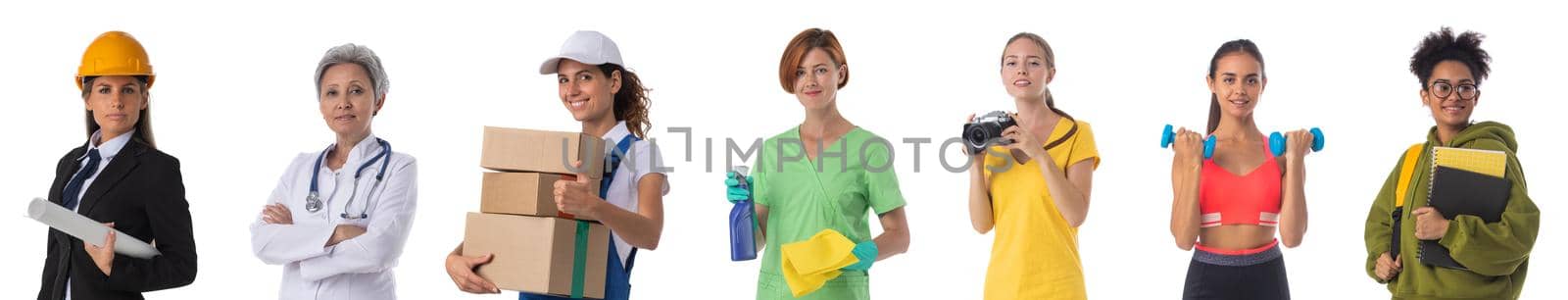 Portrait of group of women representing diverse professions of business, medicine, construction industry