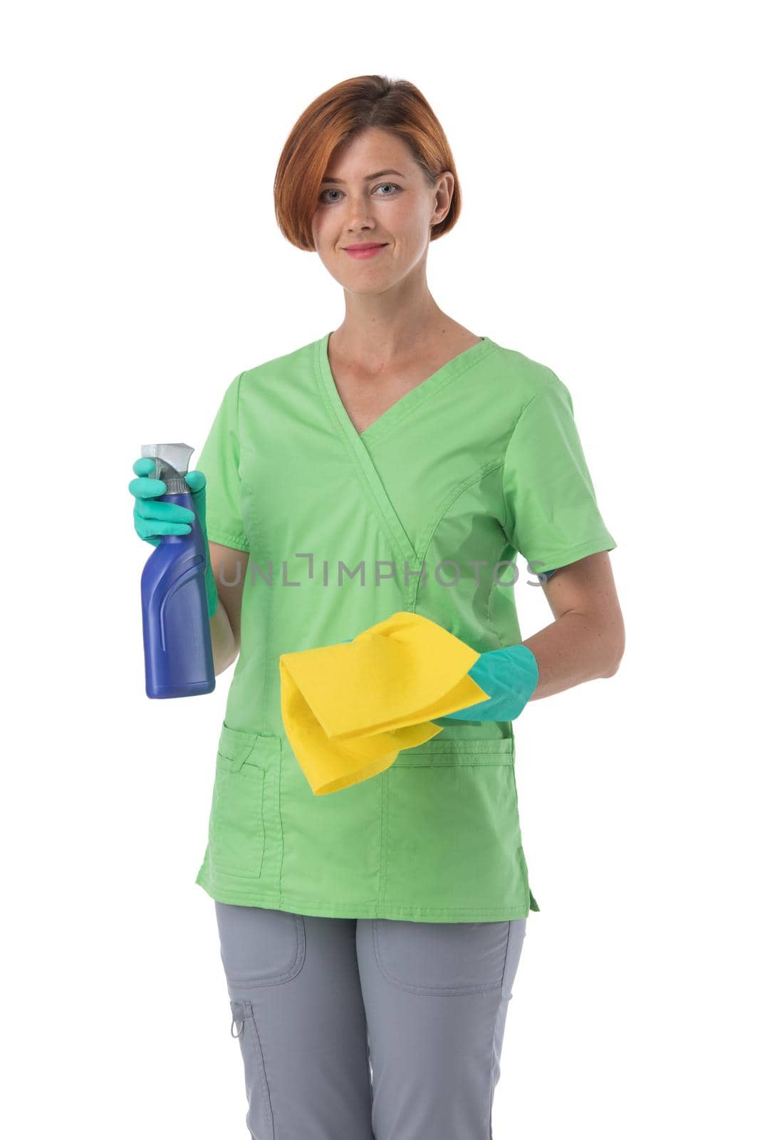 Cleaner woman with spray and rag isolated on white background