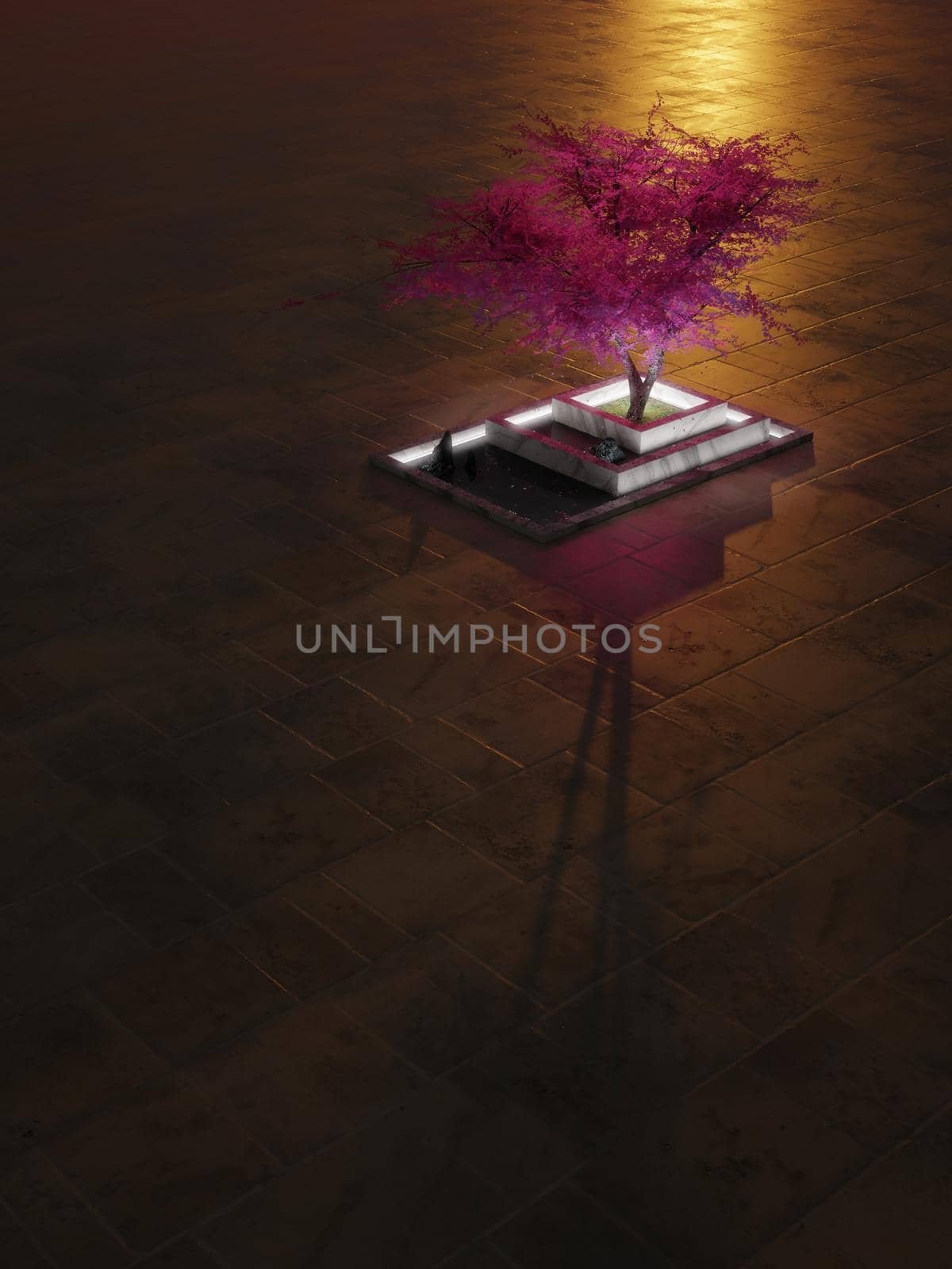 Purple tree in a zen-like marble bed with fallen petals at sunset. Fantasy background with large negative space. Digital render.
