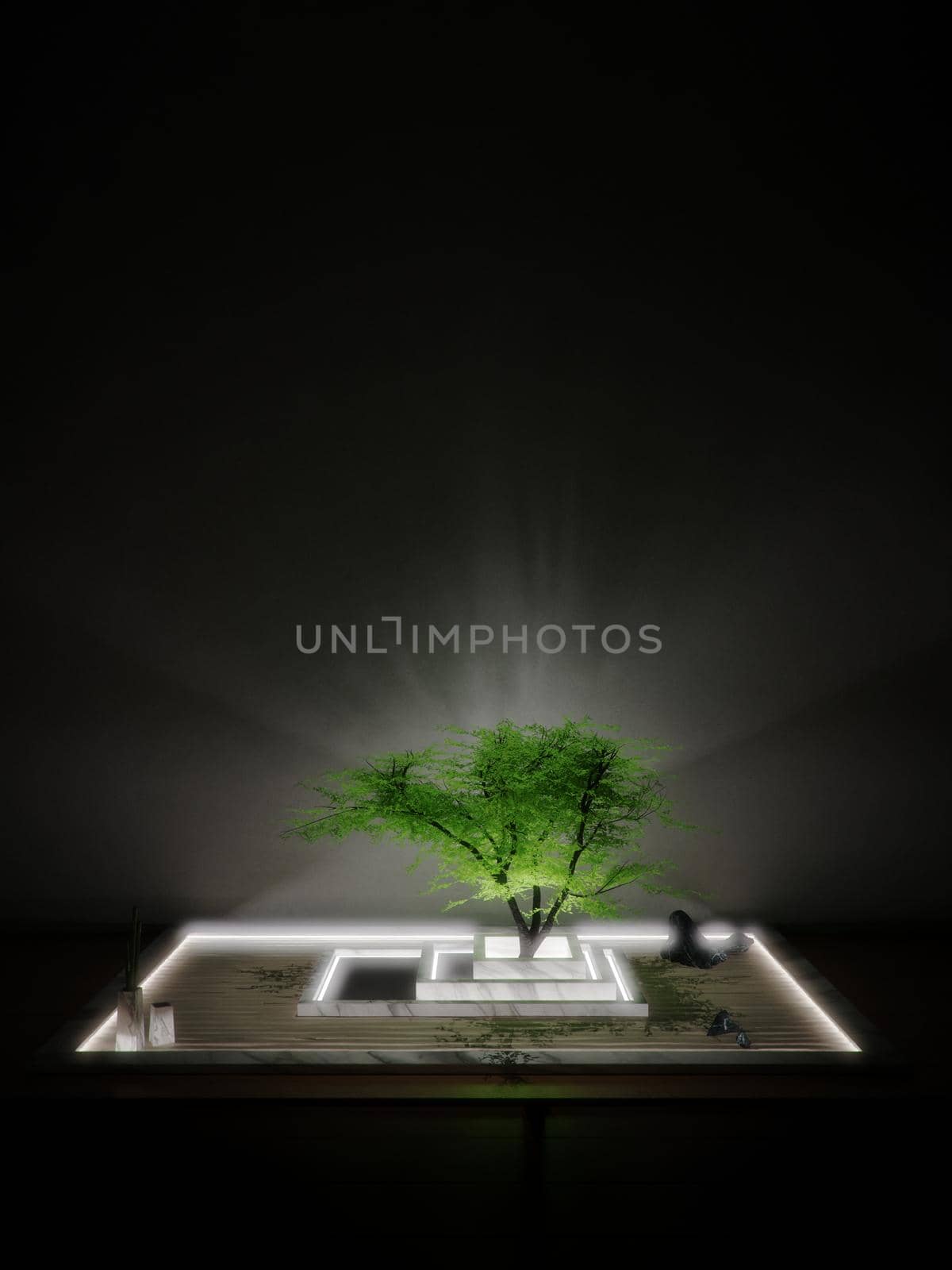Interior zen-like rock garden with a lush green tree. Modern architecture, decoration. Digital render.