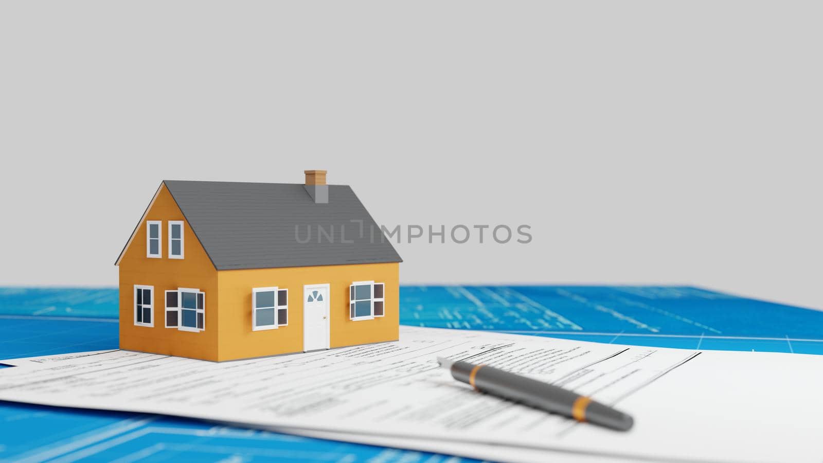 Real estate business, house building concept. Suburban house model with blueprints and legal papers. Digital render.