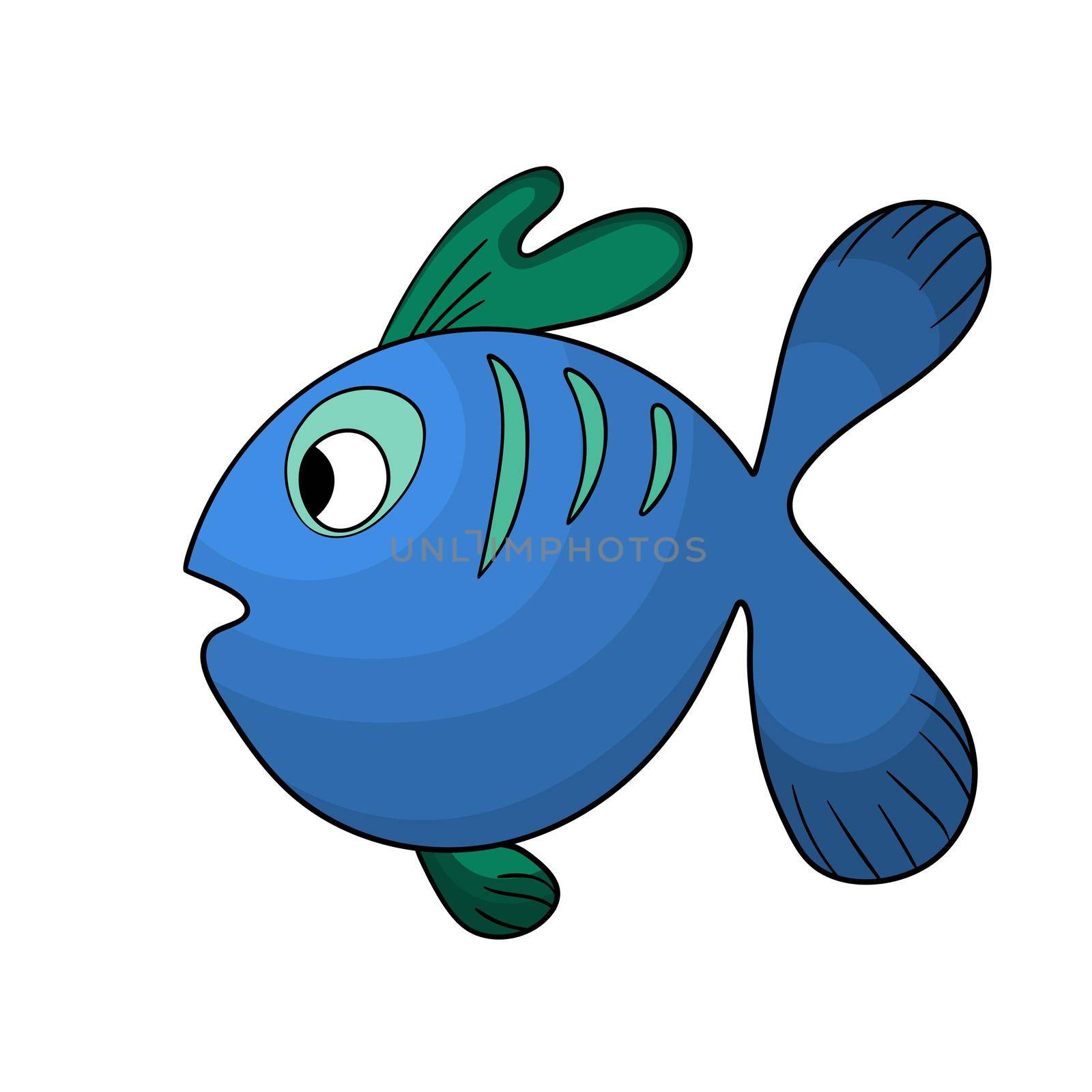 Cute colorful fish isolated on white background. Vector cartoon animals illustration. Hand drawing adorable character for cards, wallpaper, textile, fabric. Flat style. Decorative template icon. by allaku