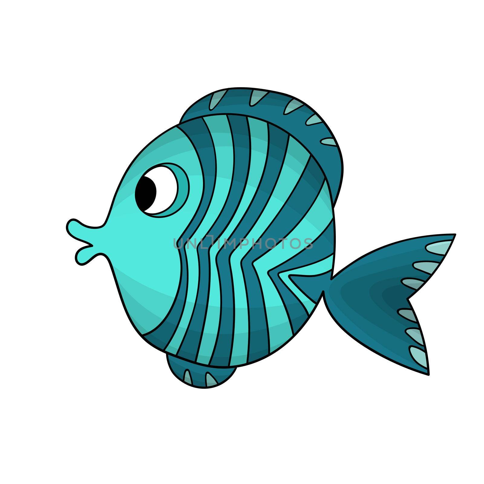 Cute colorful fish isolated on white background. Vector cartoon animals illustration. Hand drawing adorable character for cards, wallpaper, textile, fabric. Flat style. Decorative template icon. by allaku