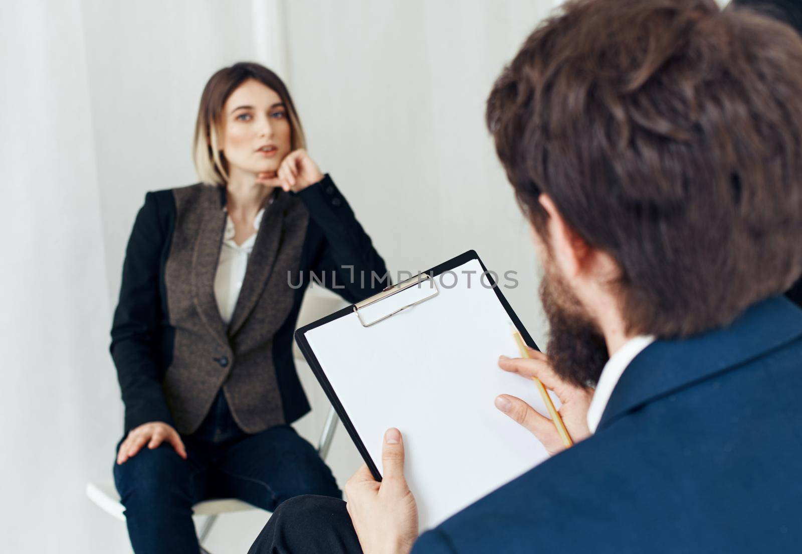 Woman for job interview and business man with documents of employee communication by SHOTPRIME