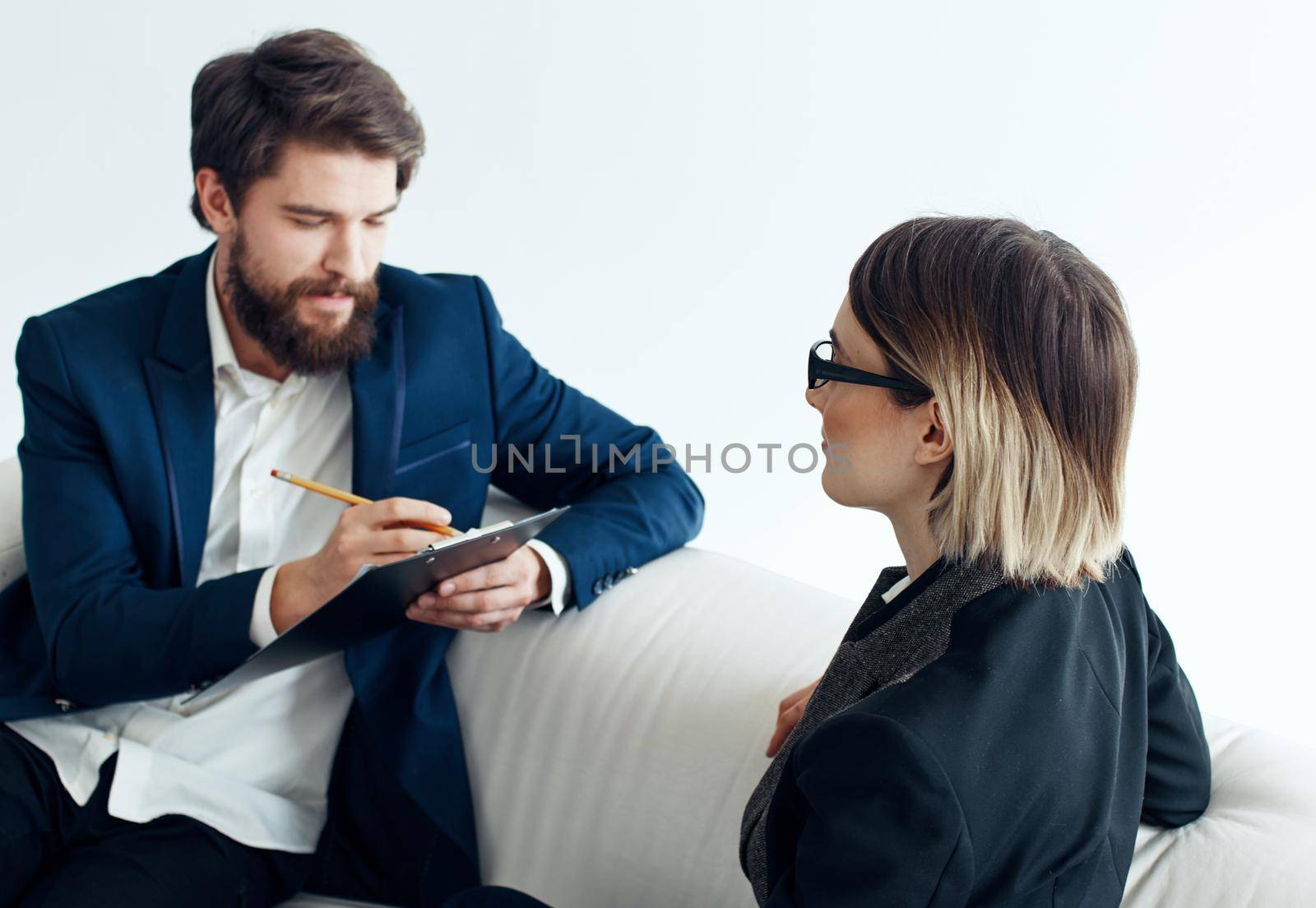 Man in secretary suit communicating staff woman business finance. High quality photo