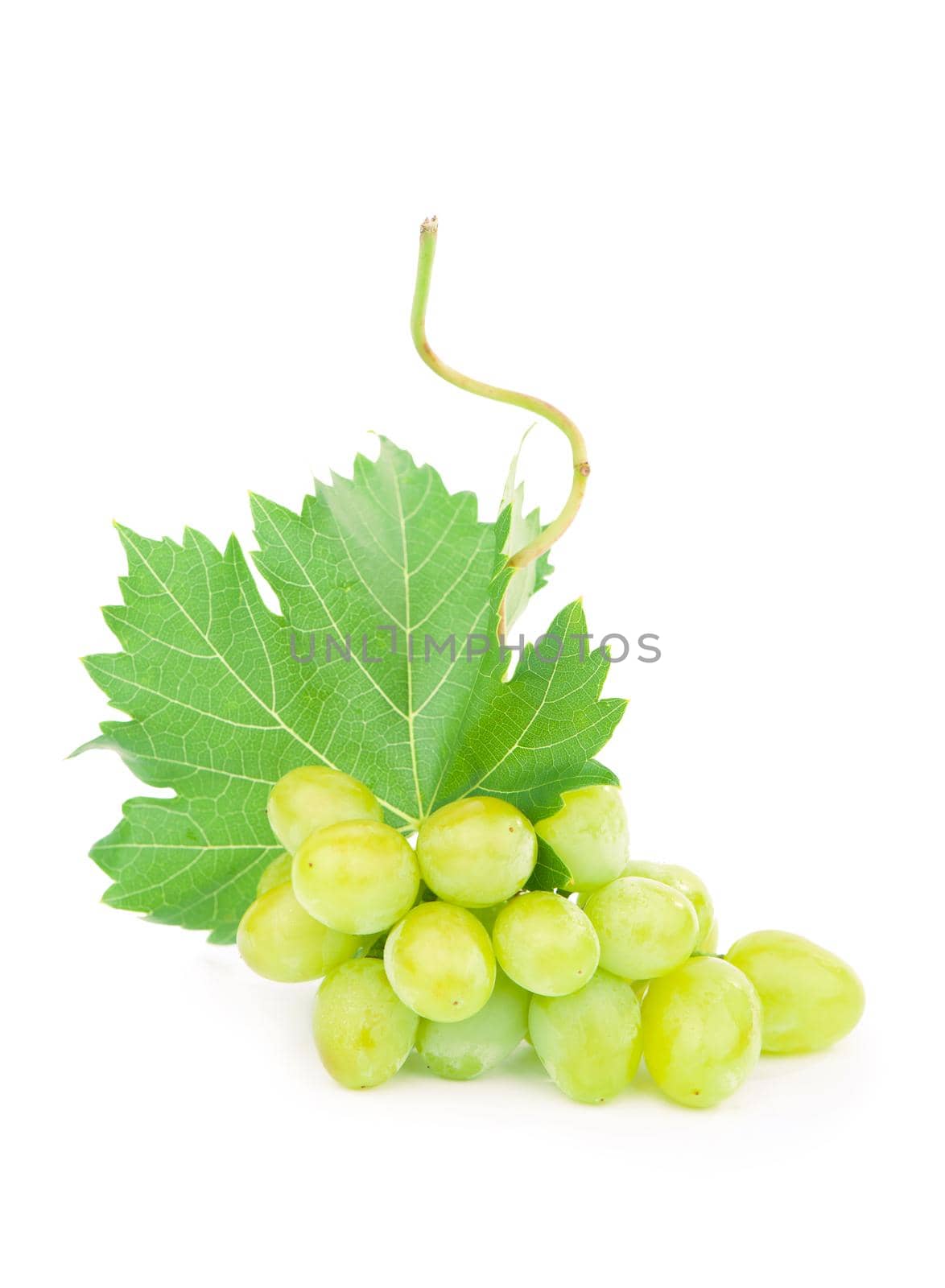 Green grape with leaves isolated on white. With clipping path. Full depth of field. by aprilphoto