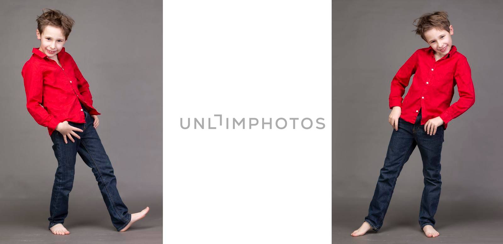 Collage of two photos of a cute little boy in a red shirt and jeans on a gray background and space for text.