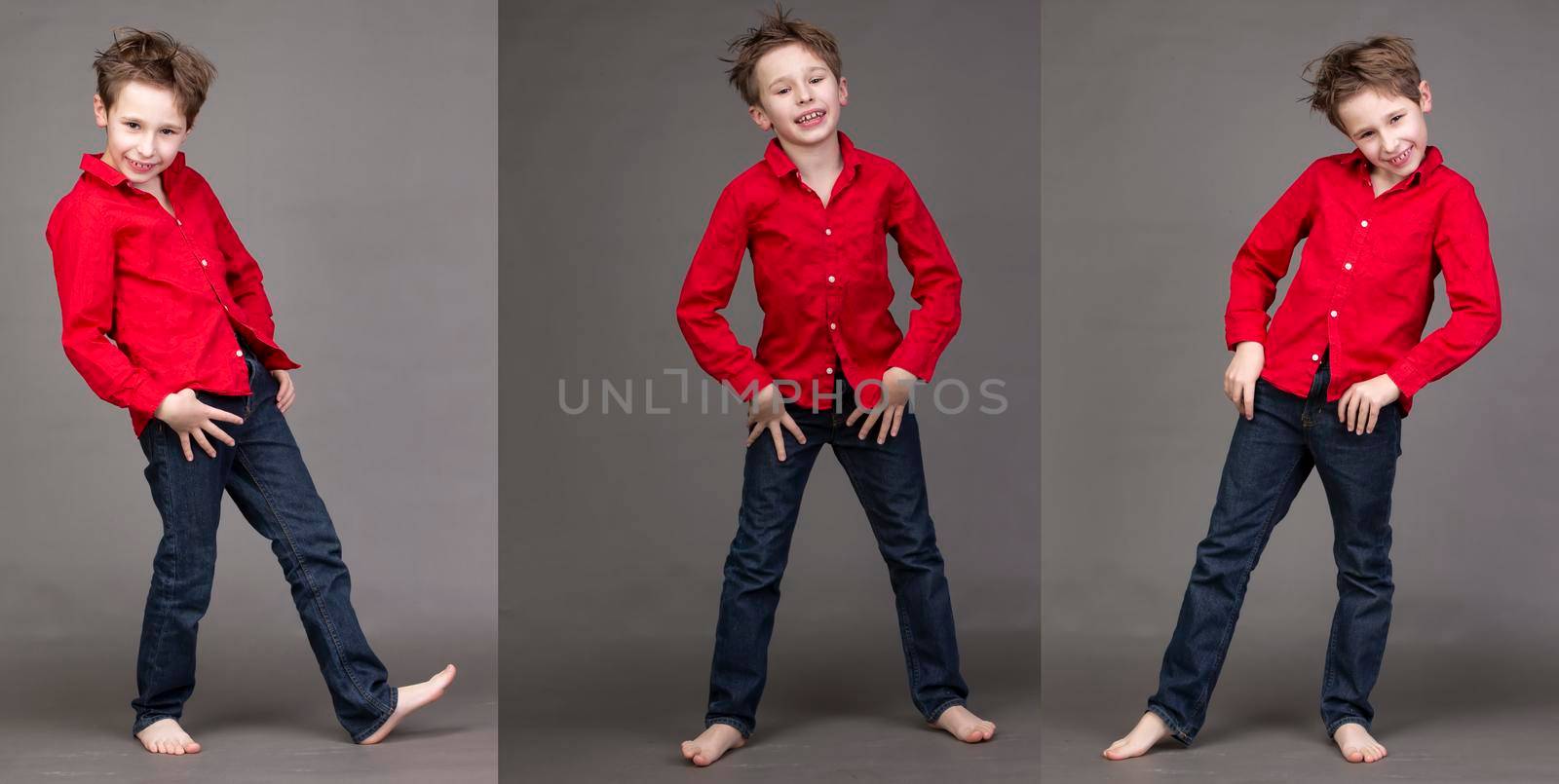 A collage of three photos of a pretty little boy in a red shirt and jeans on a gray background.
