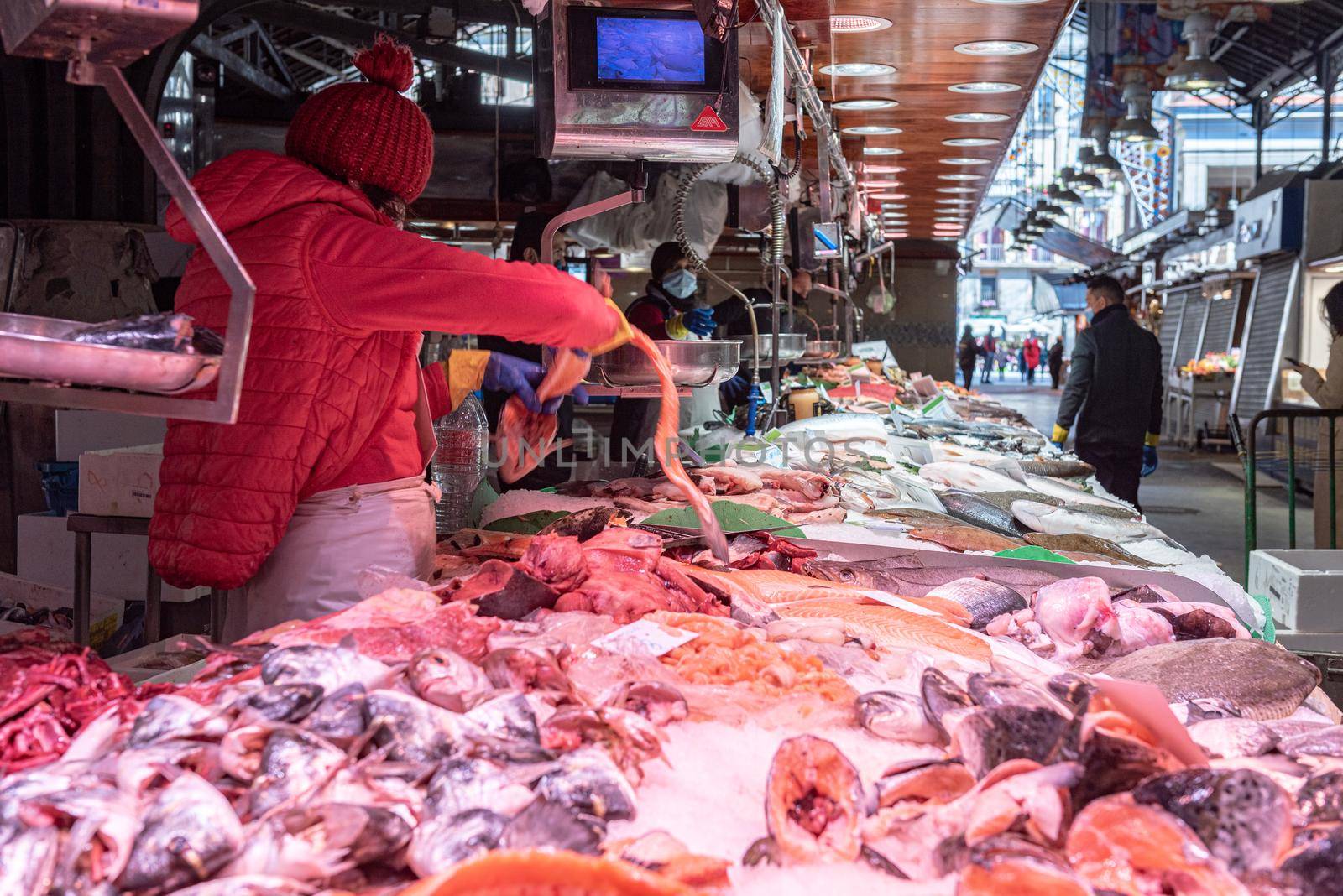Barcelona, Spain: 2021 February 11: Fish in the Sant Josep La boqueria market in Winter 2021 in times of covid 19 in Barcelona
