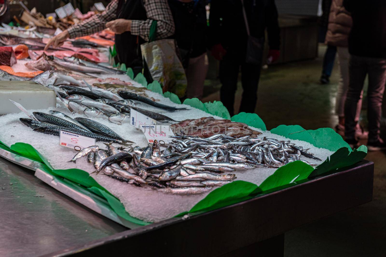 Barcelona, Spain: 2021 February 11: Fish in the Sant Josep La boqueria market in Winter 2021 in times of covid 19 in Barcelona