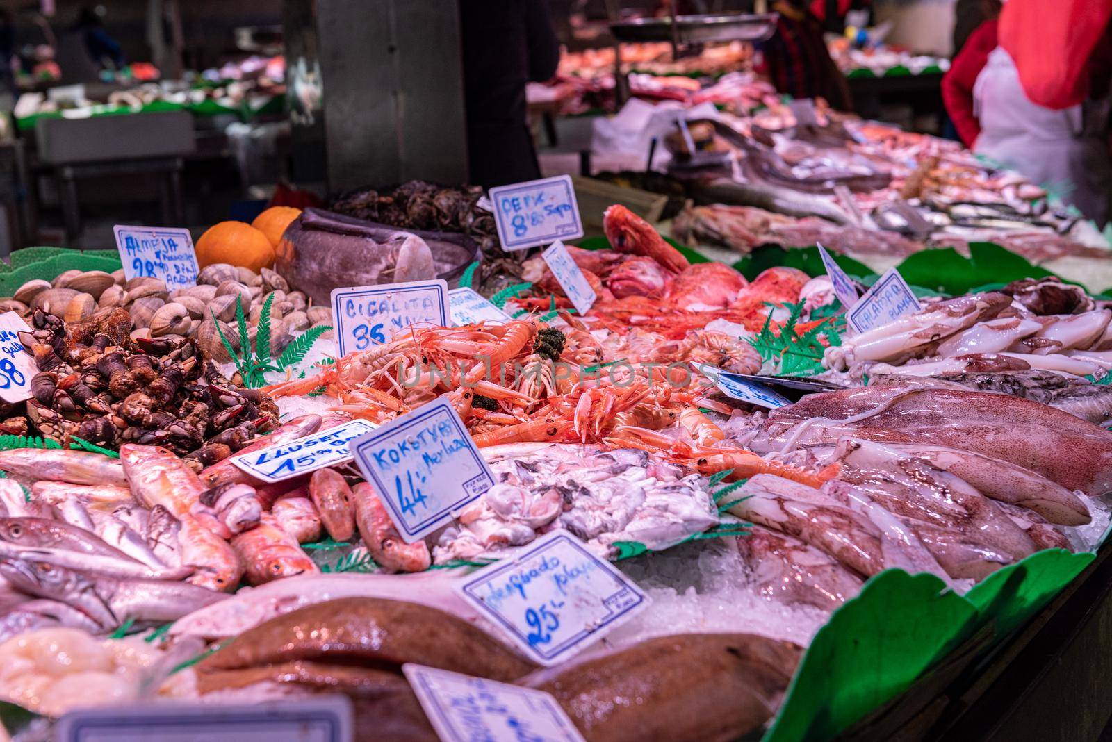 Barcelona, Spain: 2021 February 11: Fish in the Sant Josep La boqueria market in Winter 2021 in times of covid 19 in Barcelona