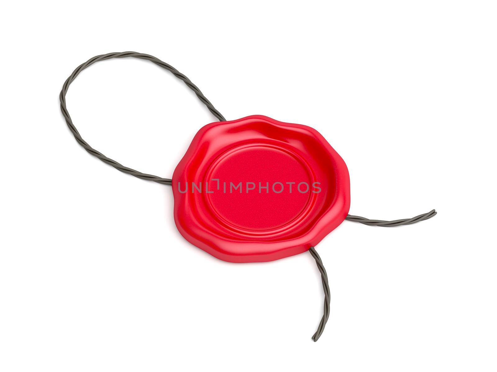 Red wax seal with rope on white background