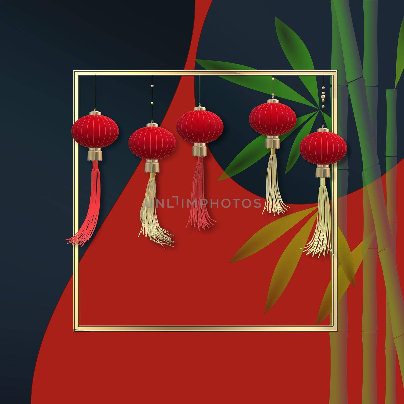 Chinese lanterns, bamboo on red blue abstract background. Template card for lantern festival, mid autumn. New Year celebration. Place for text. 3D illustration