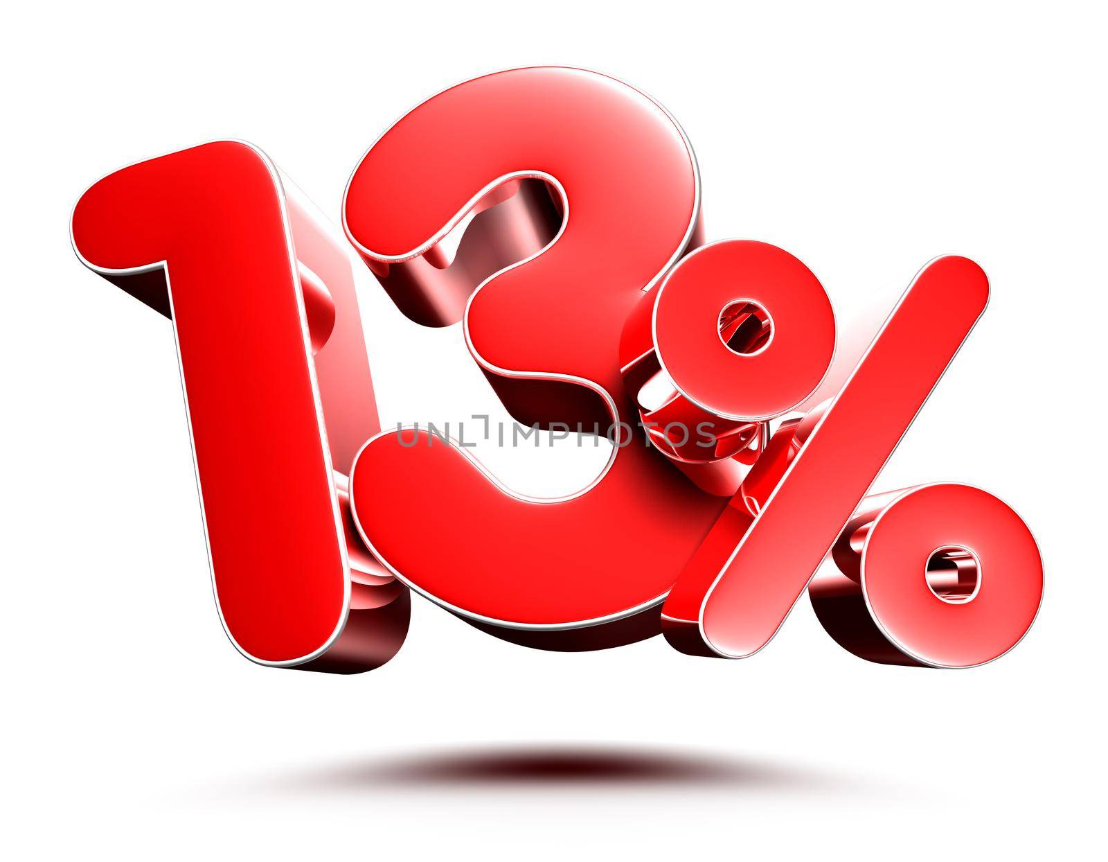 13 percent red on white background illustration 3D rendering with clipping path.