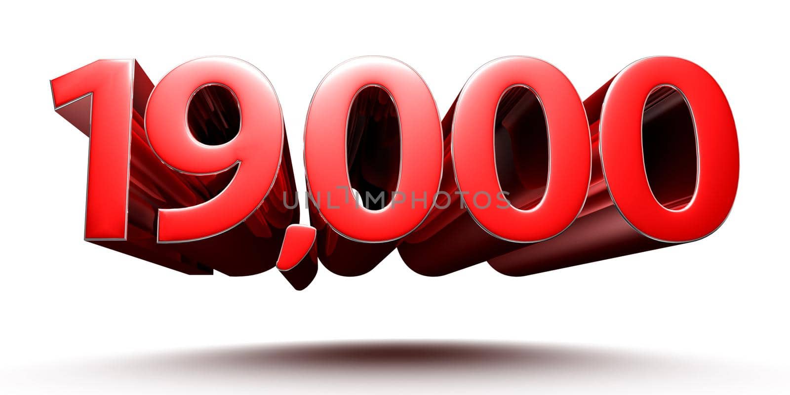 3D illustration Red number 19000 isolated on white background with clipping path.