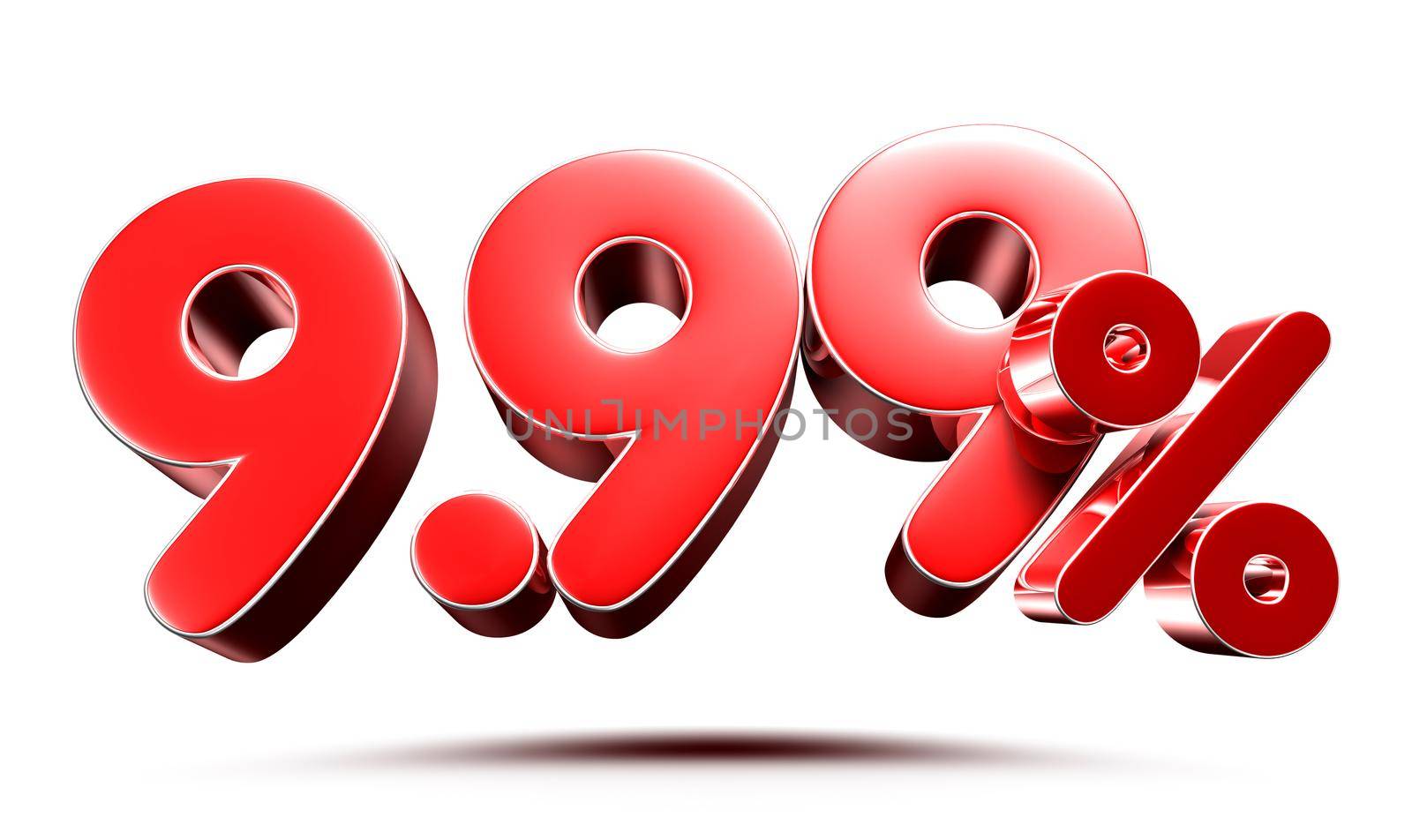 9.99 percent red on white background illustration 3D rendering with clipping path.