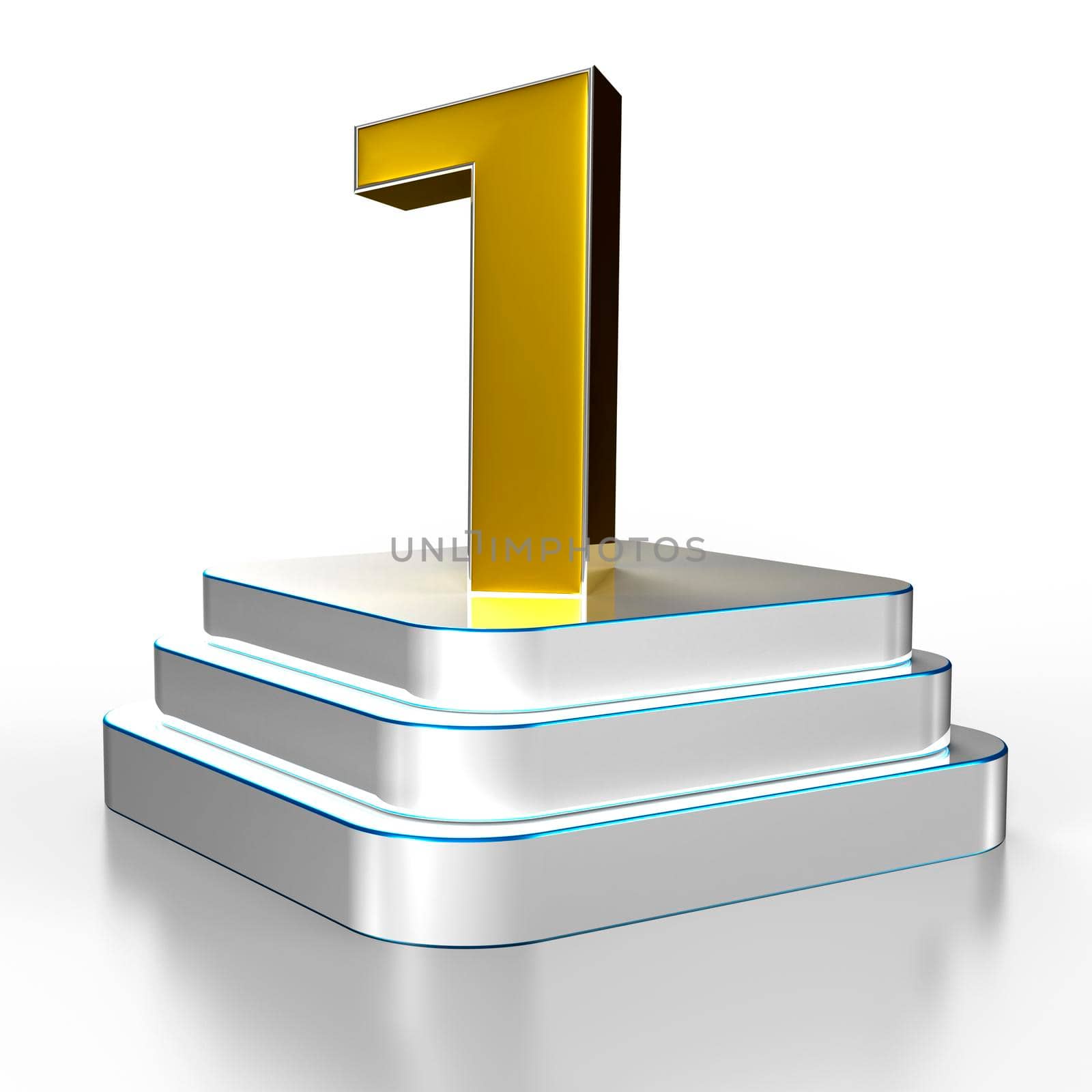 Numbers 1 gold are on a stainless steel platform illustration 3D rendering with clipping path.