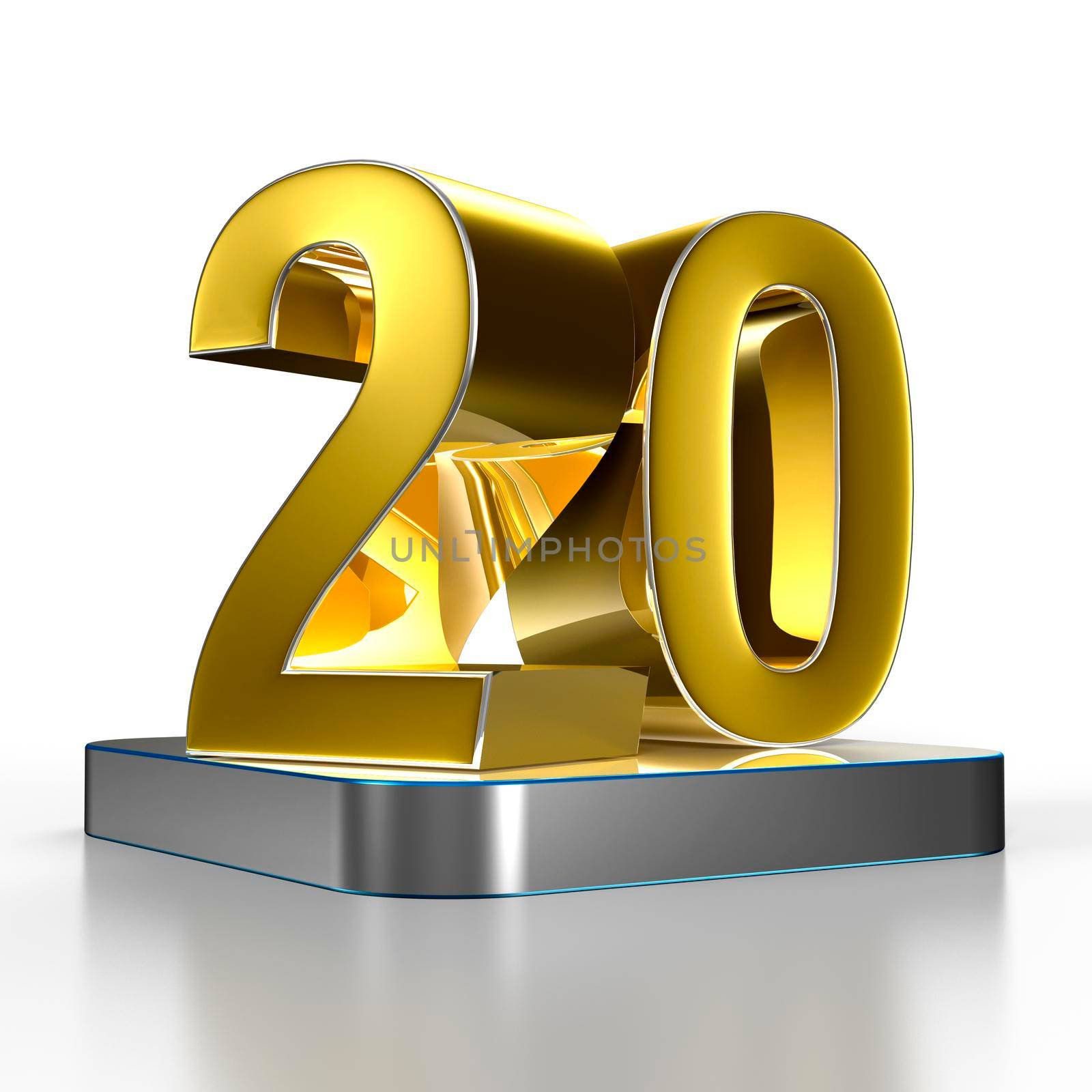 Numbers 20 gold are on a stainless steel platform illustration 3D rendering with clipping path.