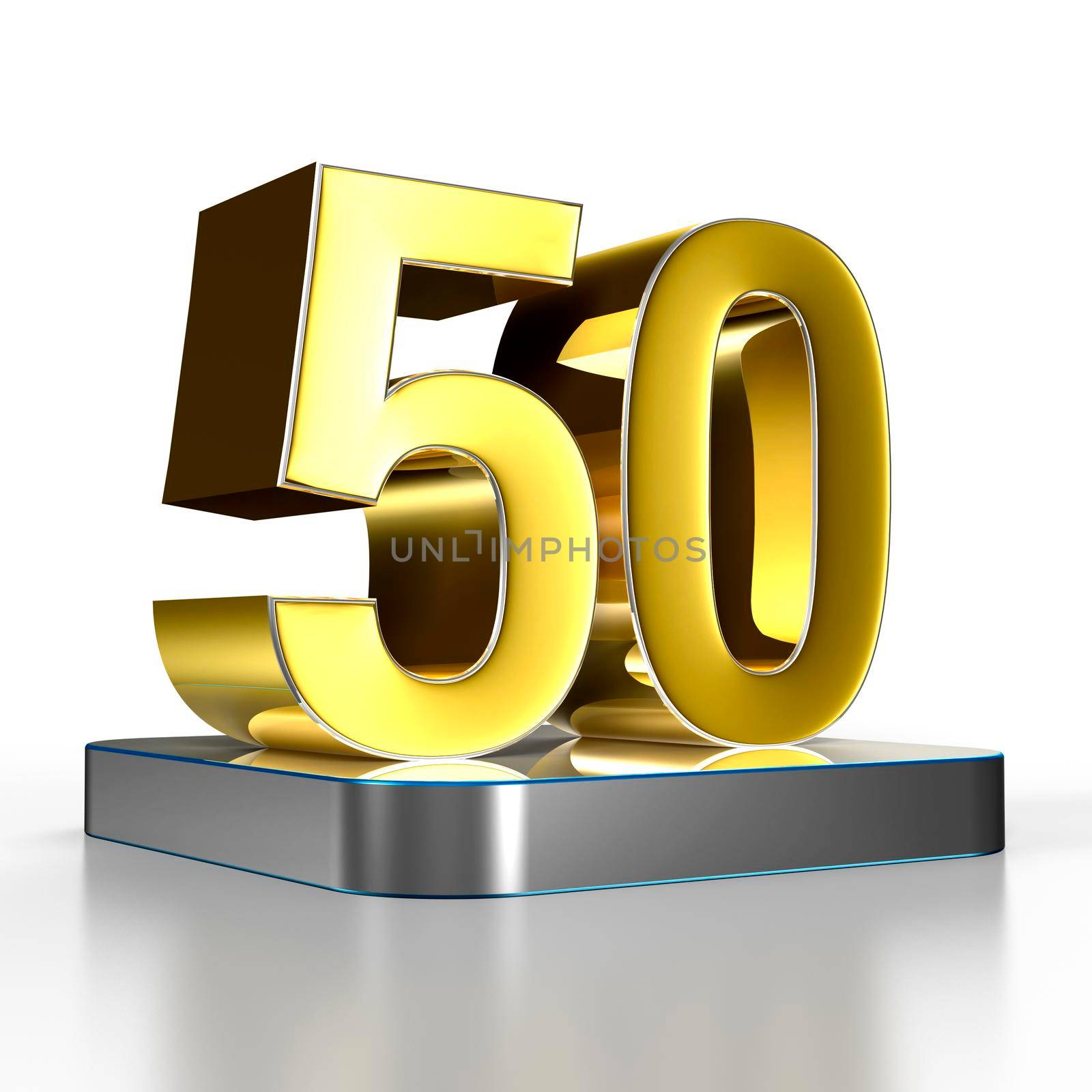 Numbers 50 gold are on a stainless steel platform illustration 3D rendering with clipping path.
