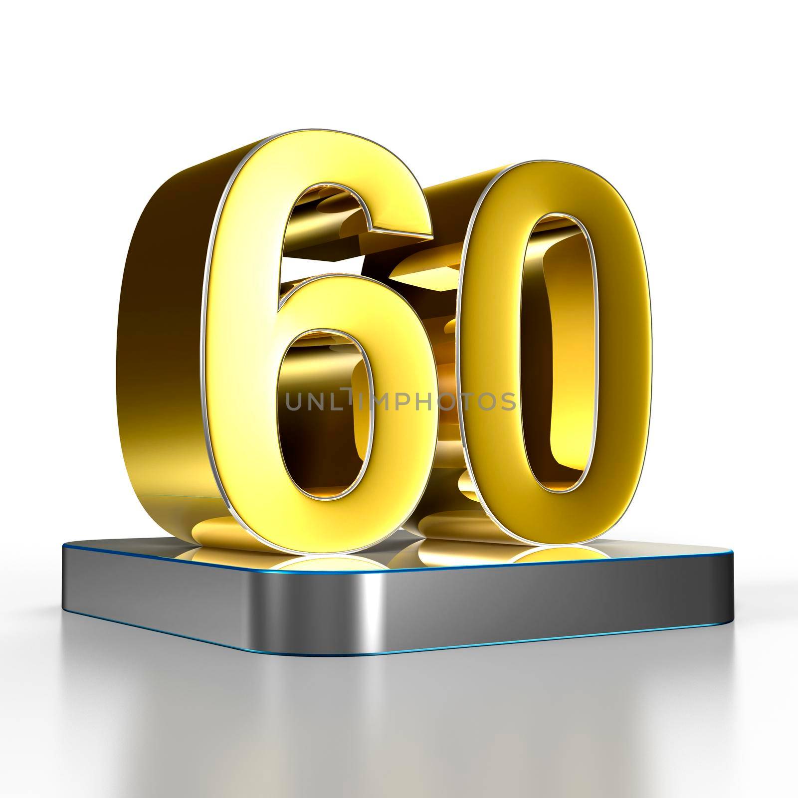 Numbers 60 gold are on a stainless steel platform illustration 3D rendering with clipping path.