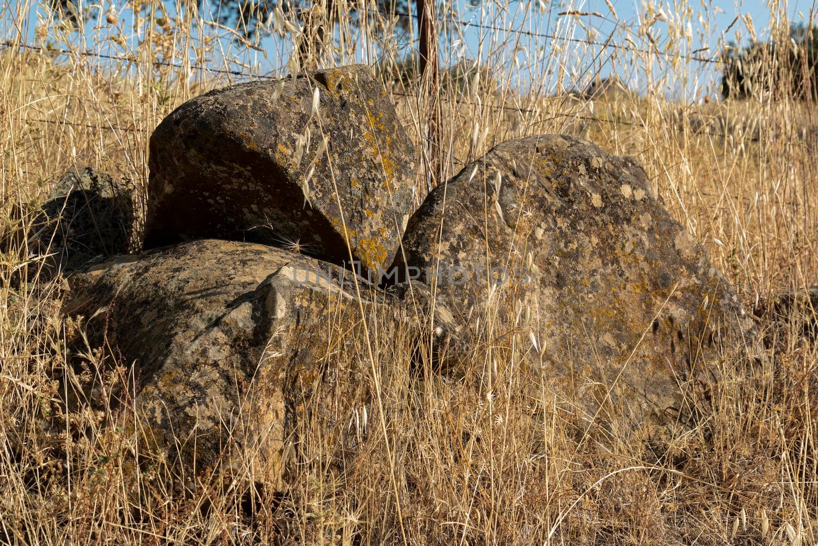 Rock in agricultural farm in southern Andalusia with a sky full of clouds