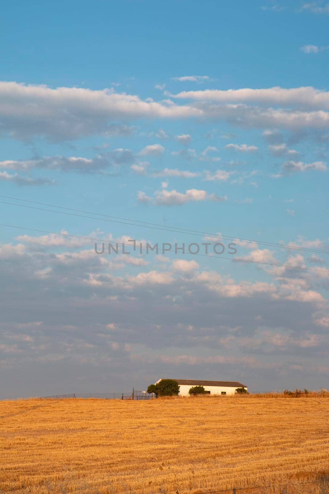 Agricultural farm in southern Andalusia with a cloud filled sky in spain