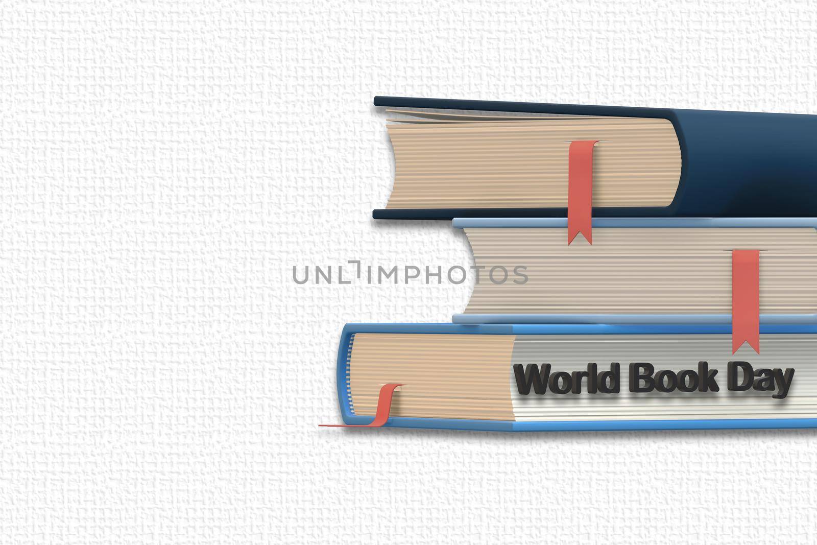 World book day with books on white background, text World Day Book. Isolated, 3D illustration