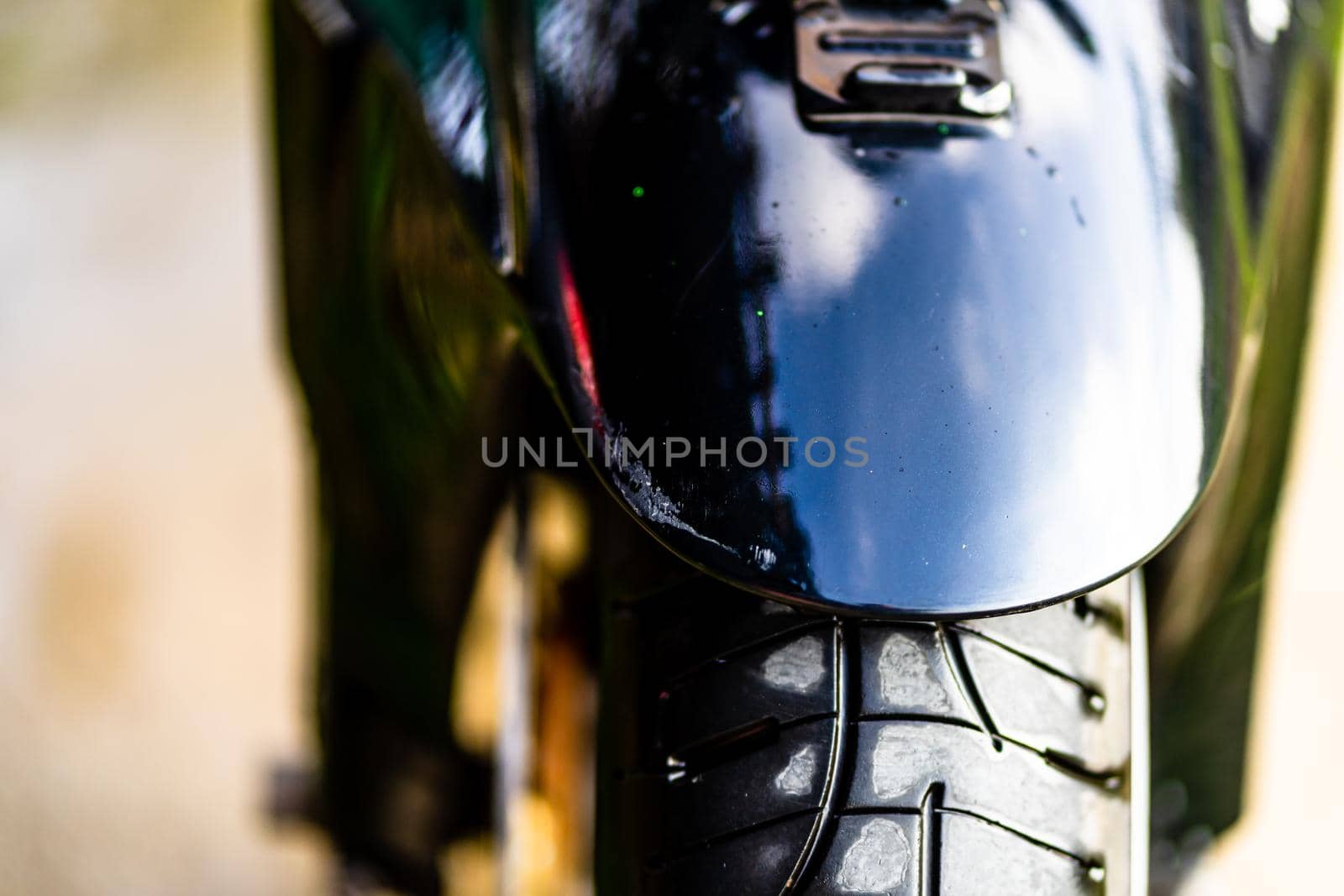 Detail of black motorcycle. Honda Hornet motorcycle detail photo in Bucharest, Romania, 2021