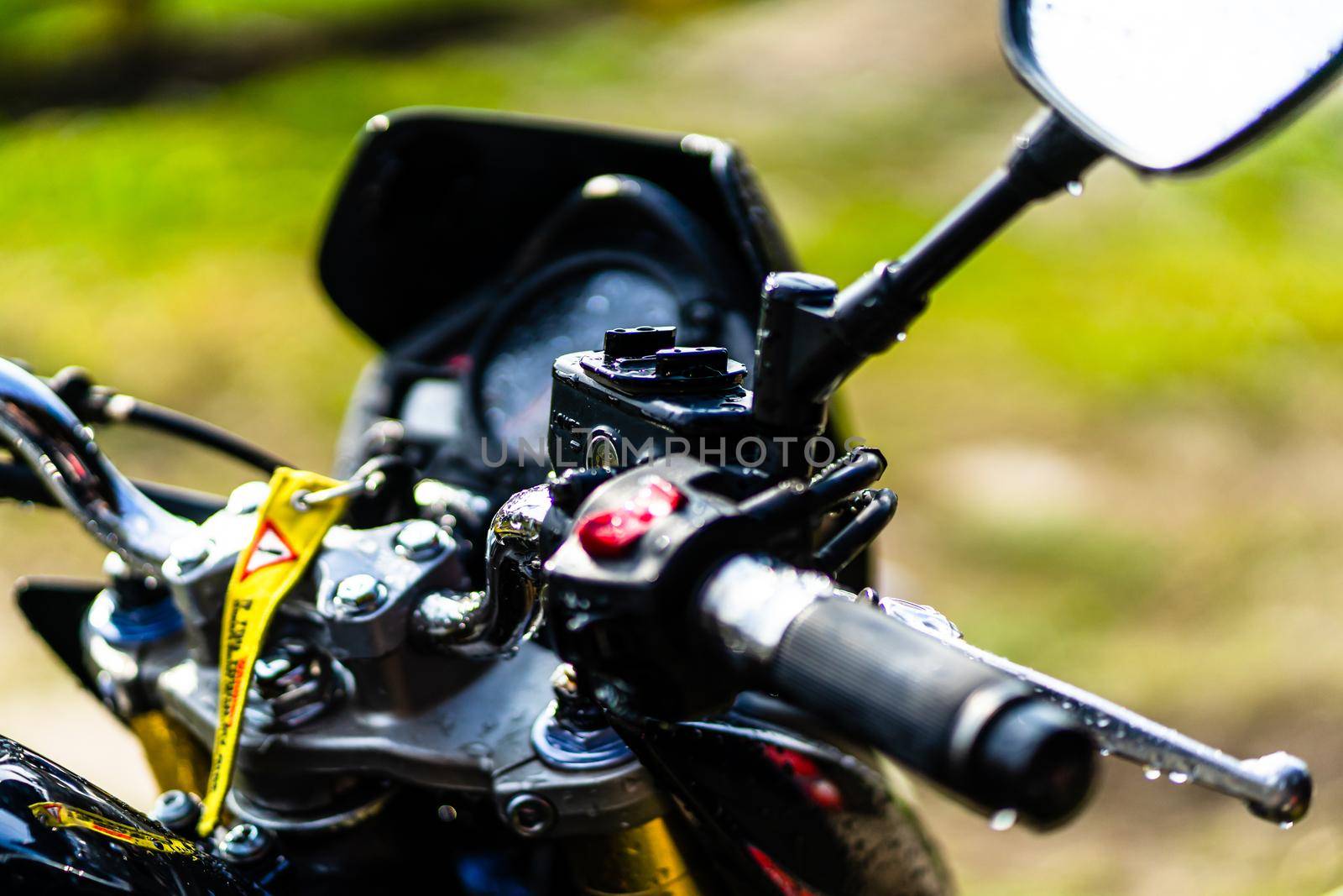 Detail of black motorcycle. Honda Hornet motorcycle detail photo in Bucharest, Romania, 2021