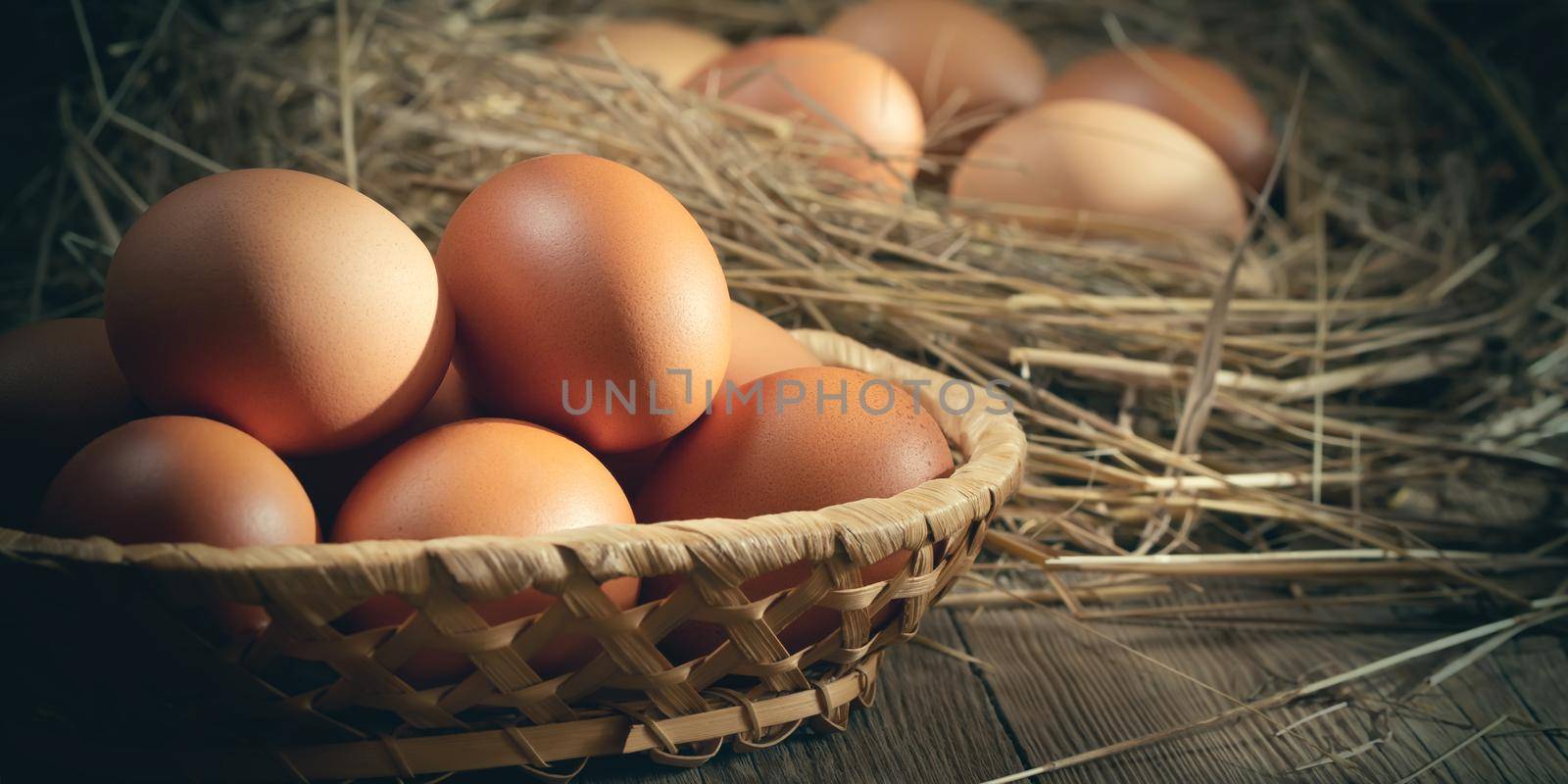 Fresh brown chicken eggs in a basket and in a nest from hay in a barn by galsand