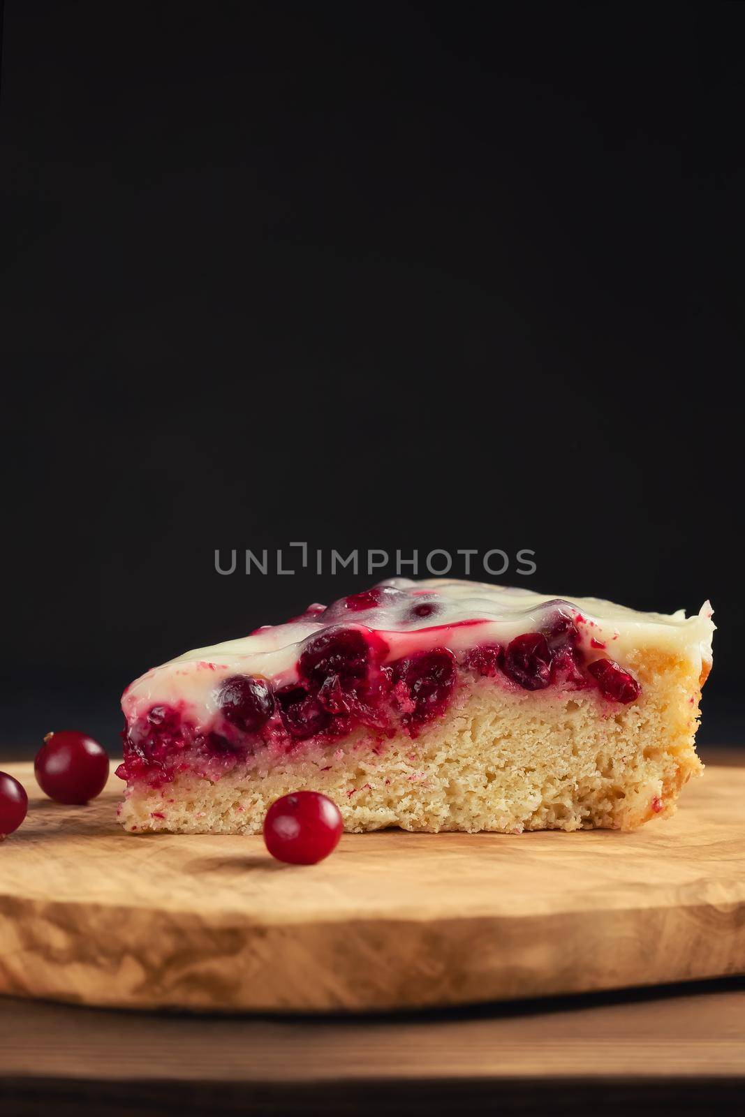 Homemade cake with cranberries and sour cream. Piece of pie close up. Vertical image by galsand