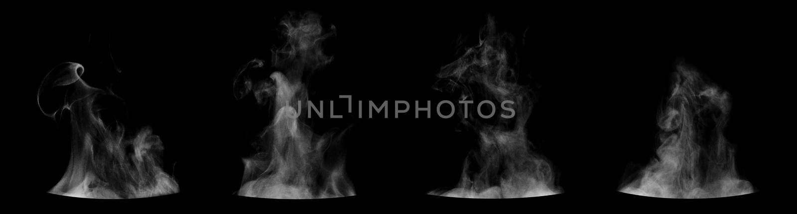 Set of steam from round dishes - pots, mugs or cups isolated on black background by galsand