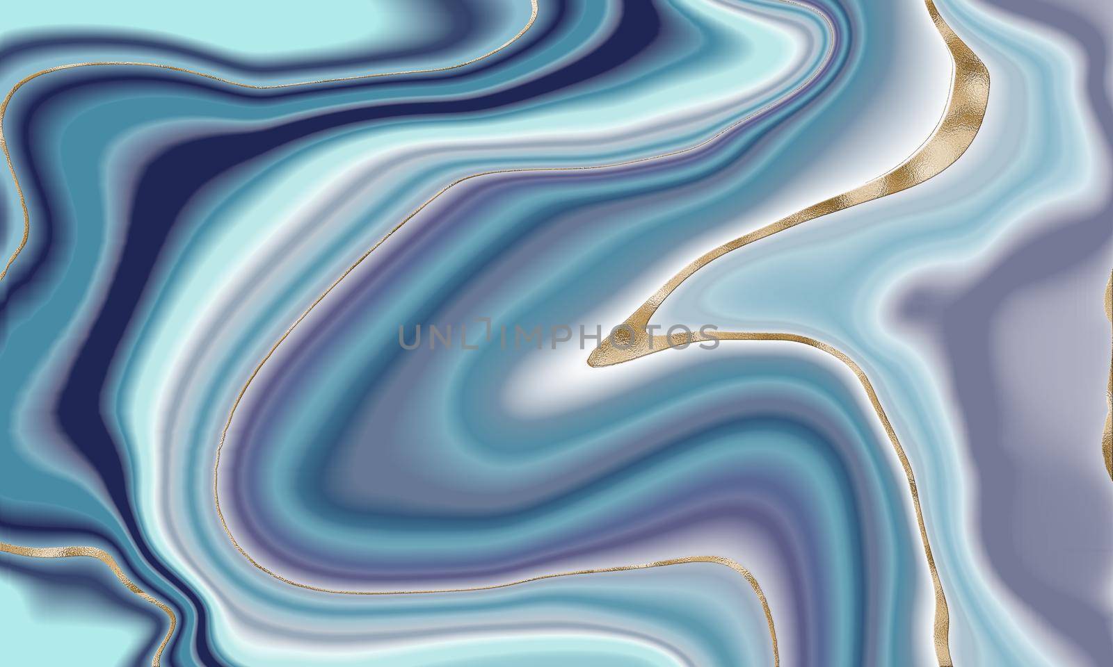 Marbling abstract background in blue with gold. Curved liquid shapes with gold vein. Illustration